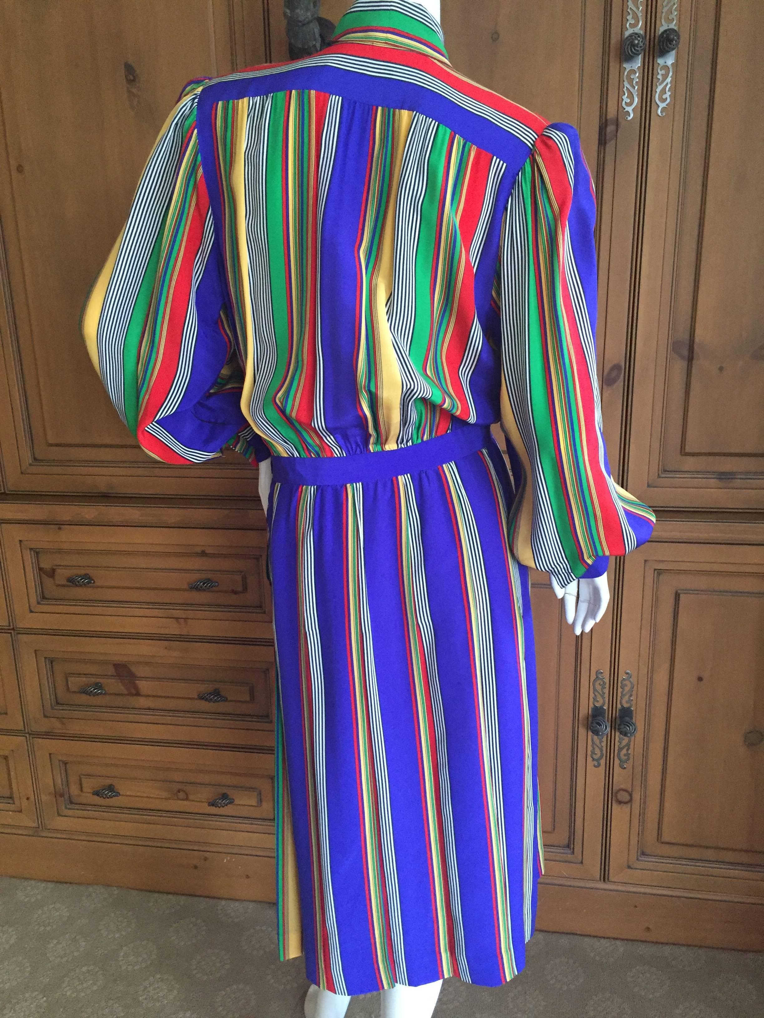 Yves Saint Laurent Rive Gauche 1970's Stripe Silk Day Dress with Bow For Sale 3