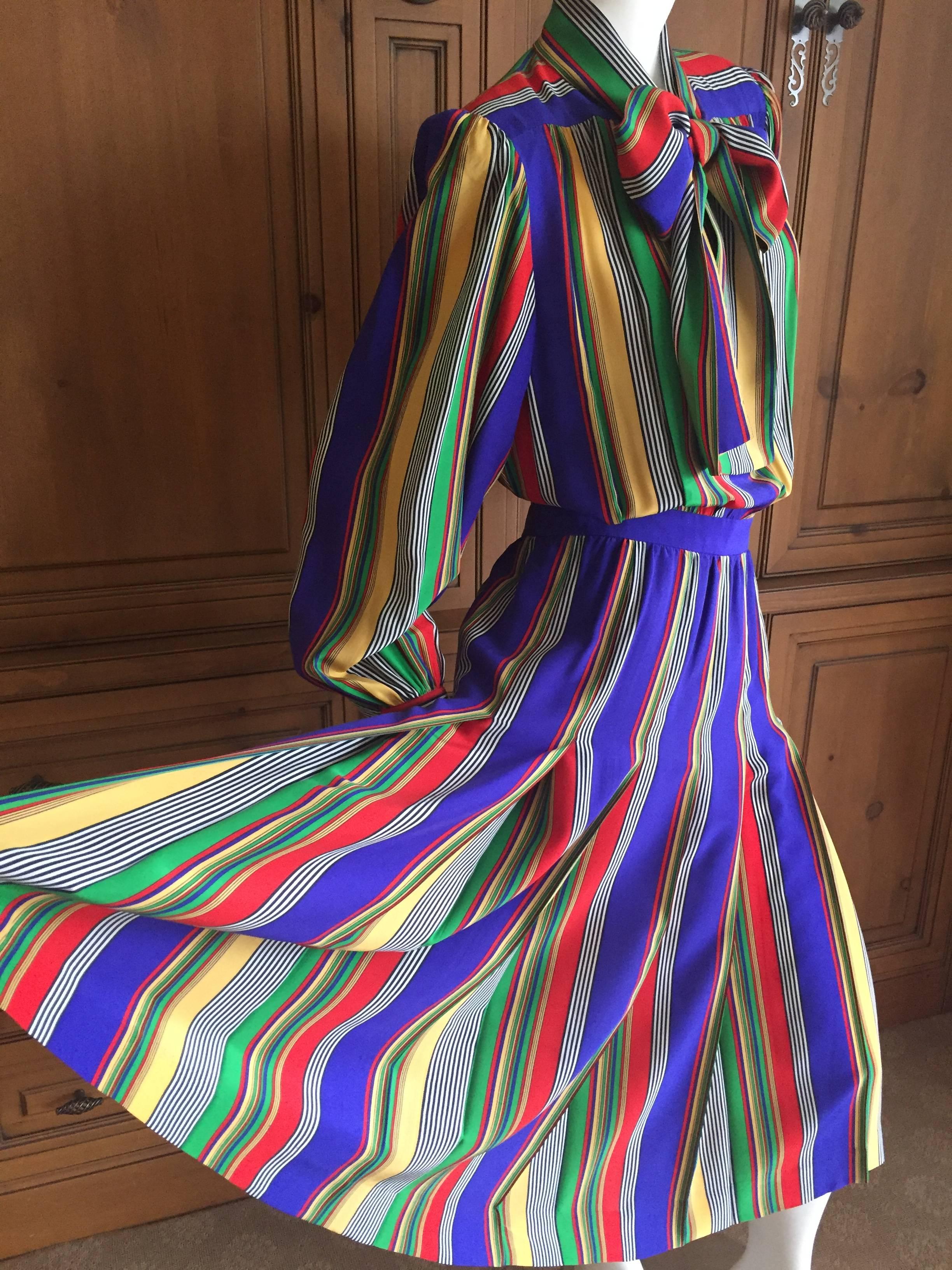 Yves Saint Laurent Rive Gauche 1970's Stripe Silk Day Dress with Bow For Sale 4