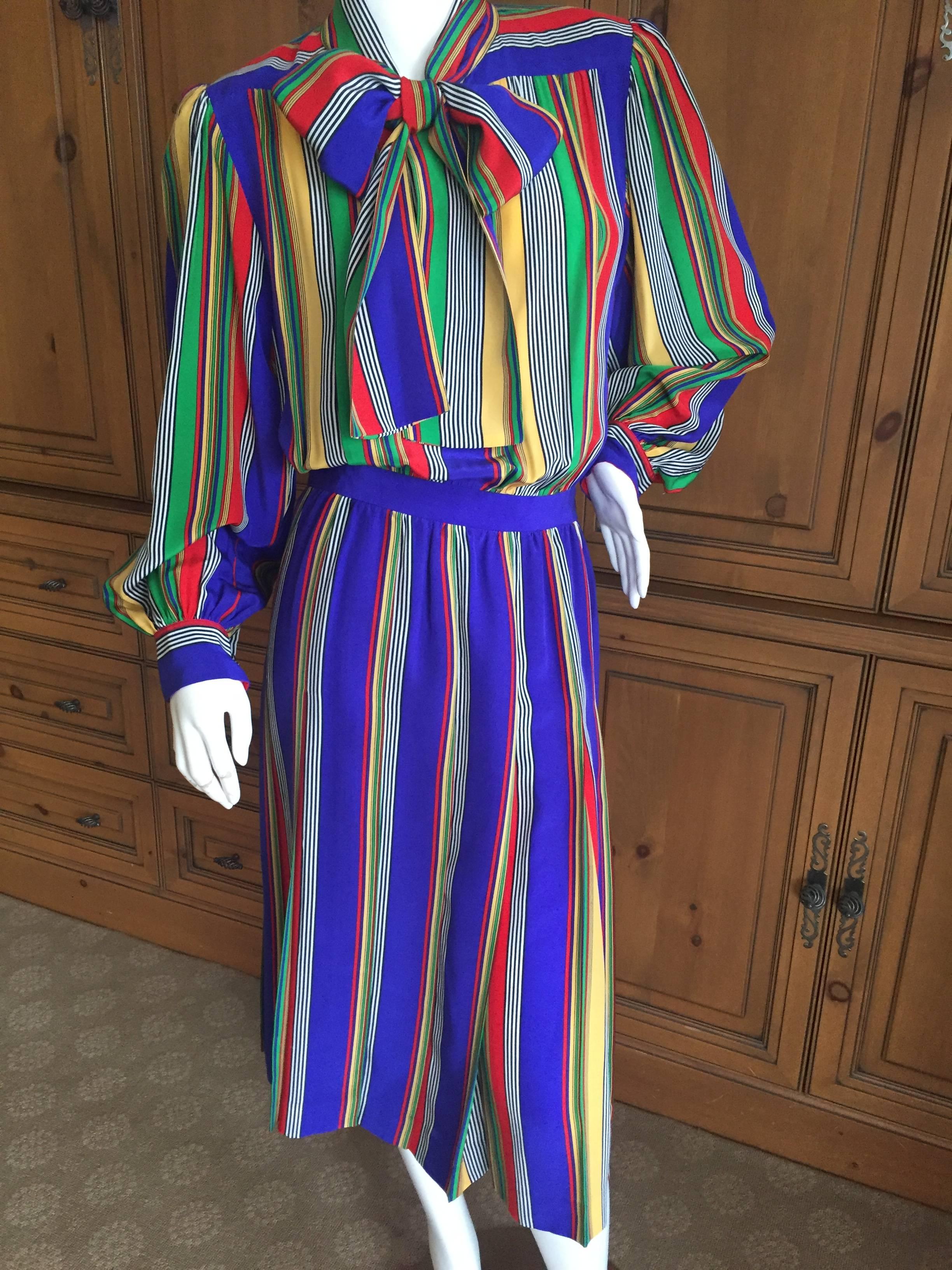Yves Saint Laurent Rive Gauche 1970's Stripe Silk Day Dress with Bow For Sale 5