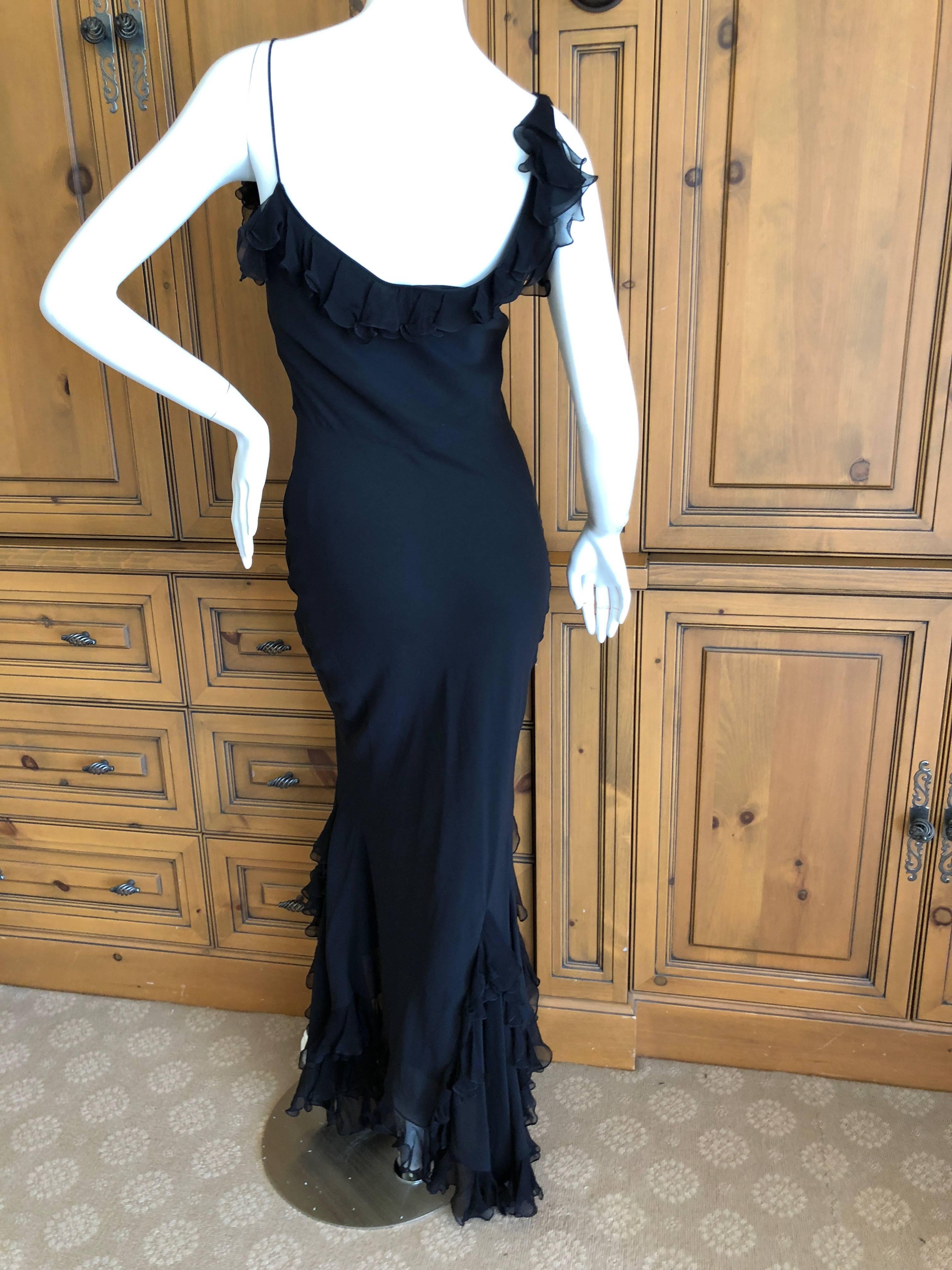 John Galliano Vintage Ruffled Flamenco Black Chiffon Dress with High Slit Sz 40 For Sale 2