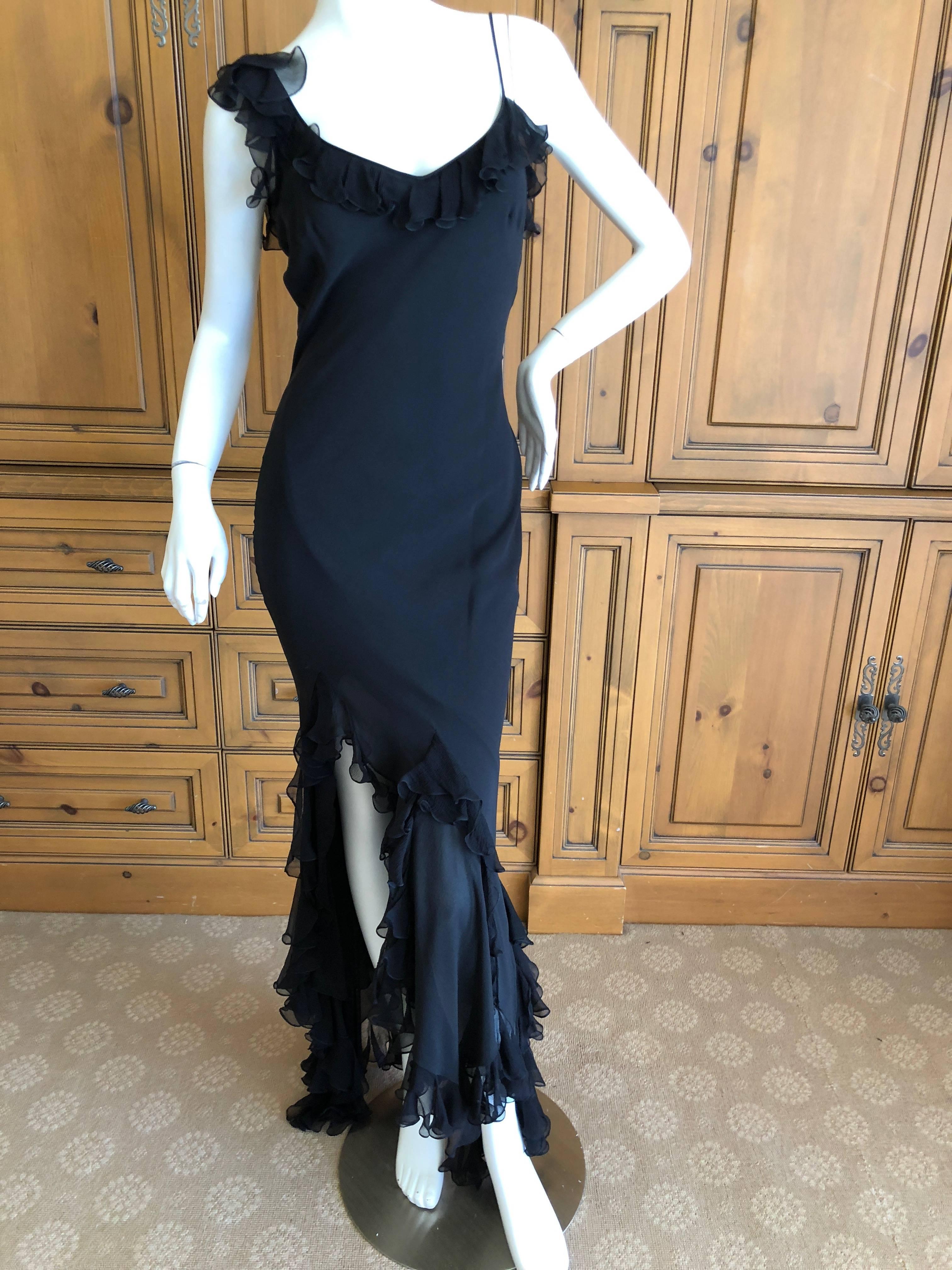 John Galliano Vintage Ruffled Flamenco Black Chiffon Dress with High Slit Sz 40 In Excellent Condition For Sale In Cloverdale, CA