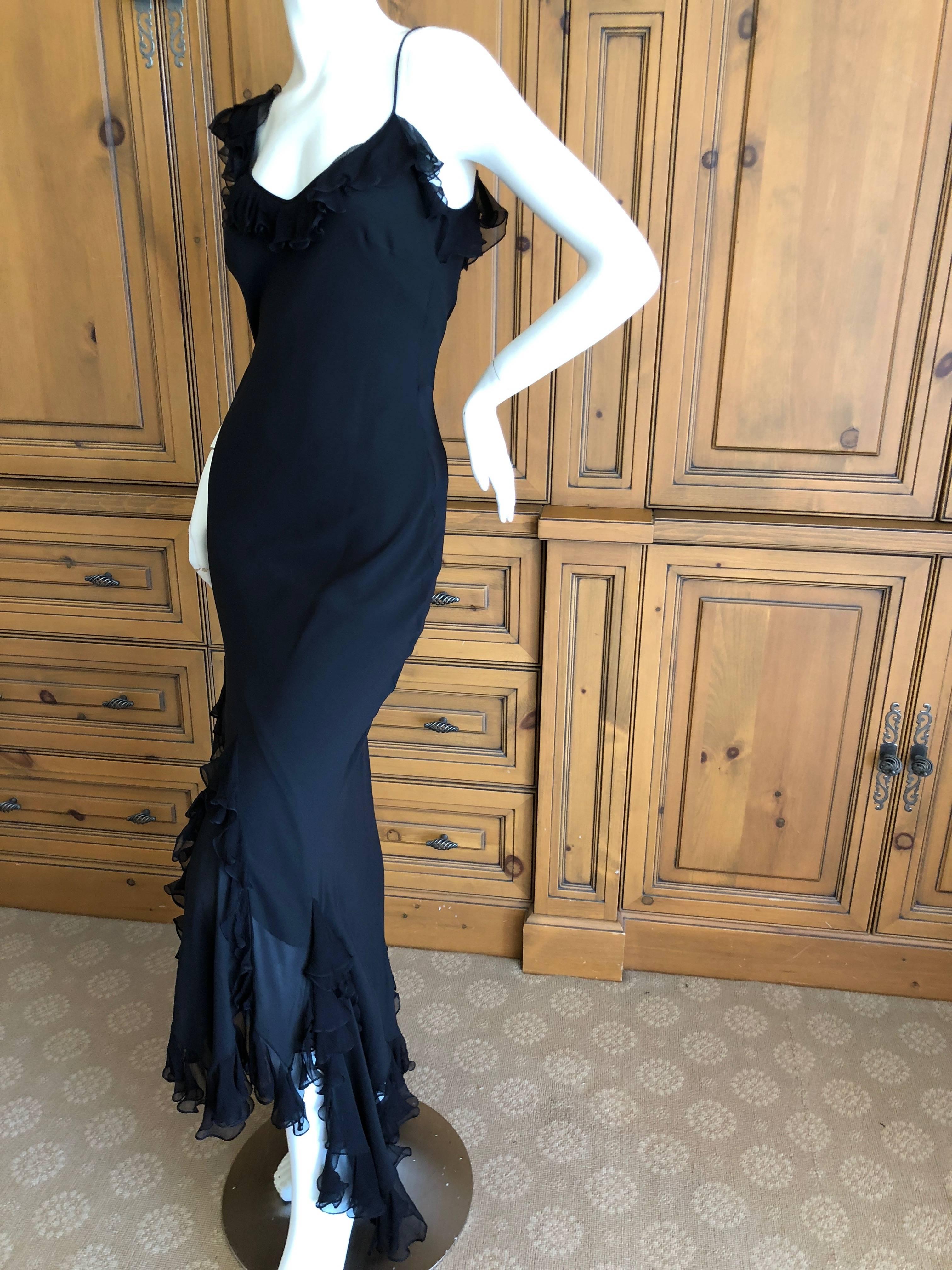 Women's John Galliano Vintage Ruffled Flamenco Black Chiffon Dress with High Slit Sz 40 For Sale