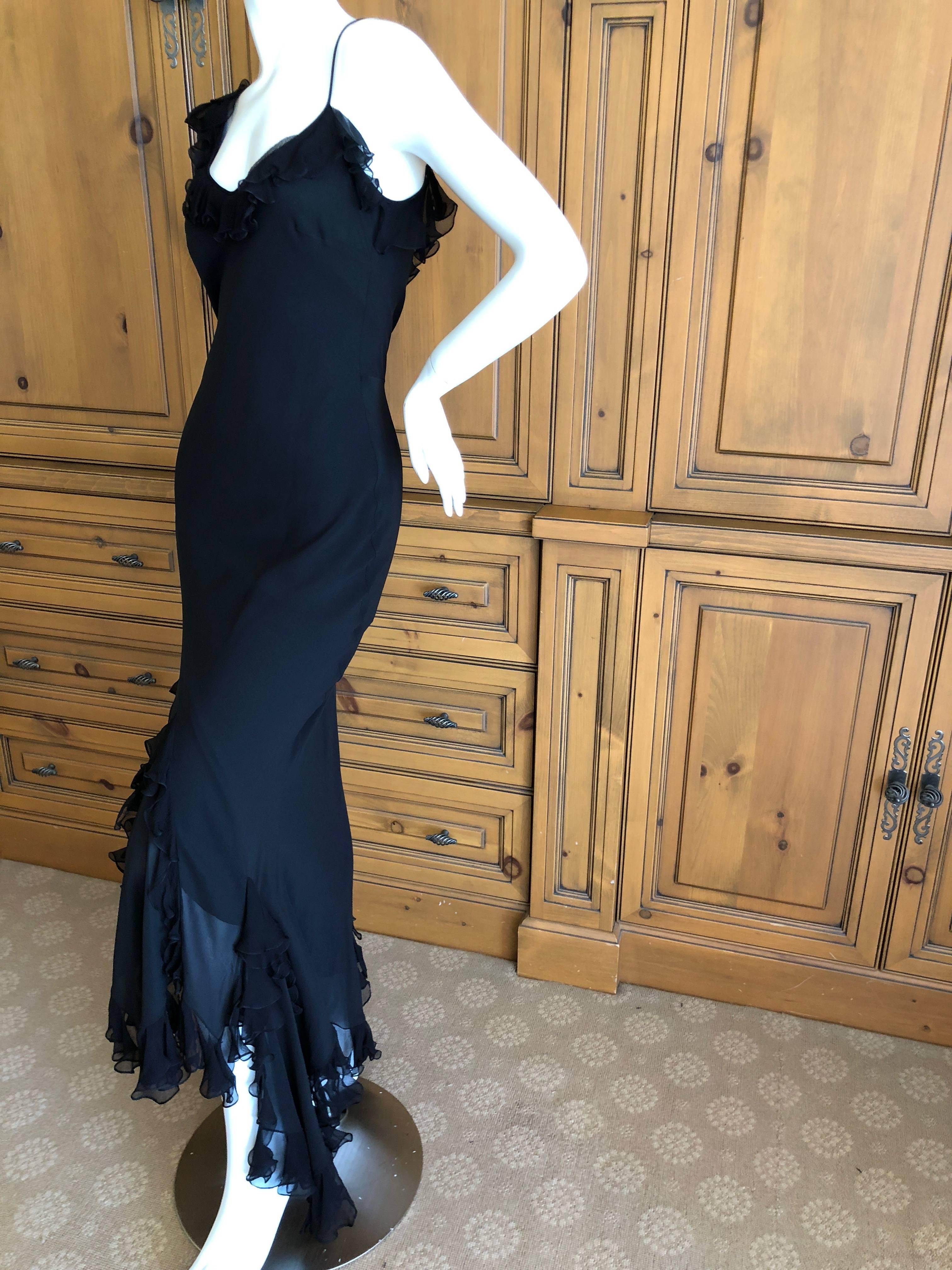 John Galliano Vintage Ruffled Flamenco Black Chiffon Dress with High Slit Sz 40 For Sale 1