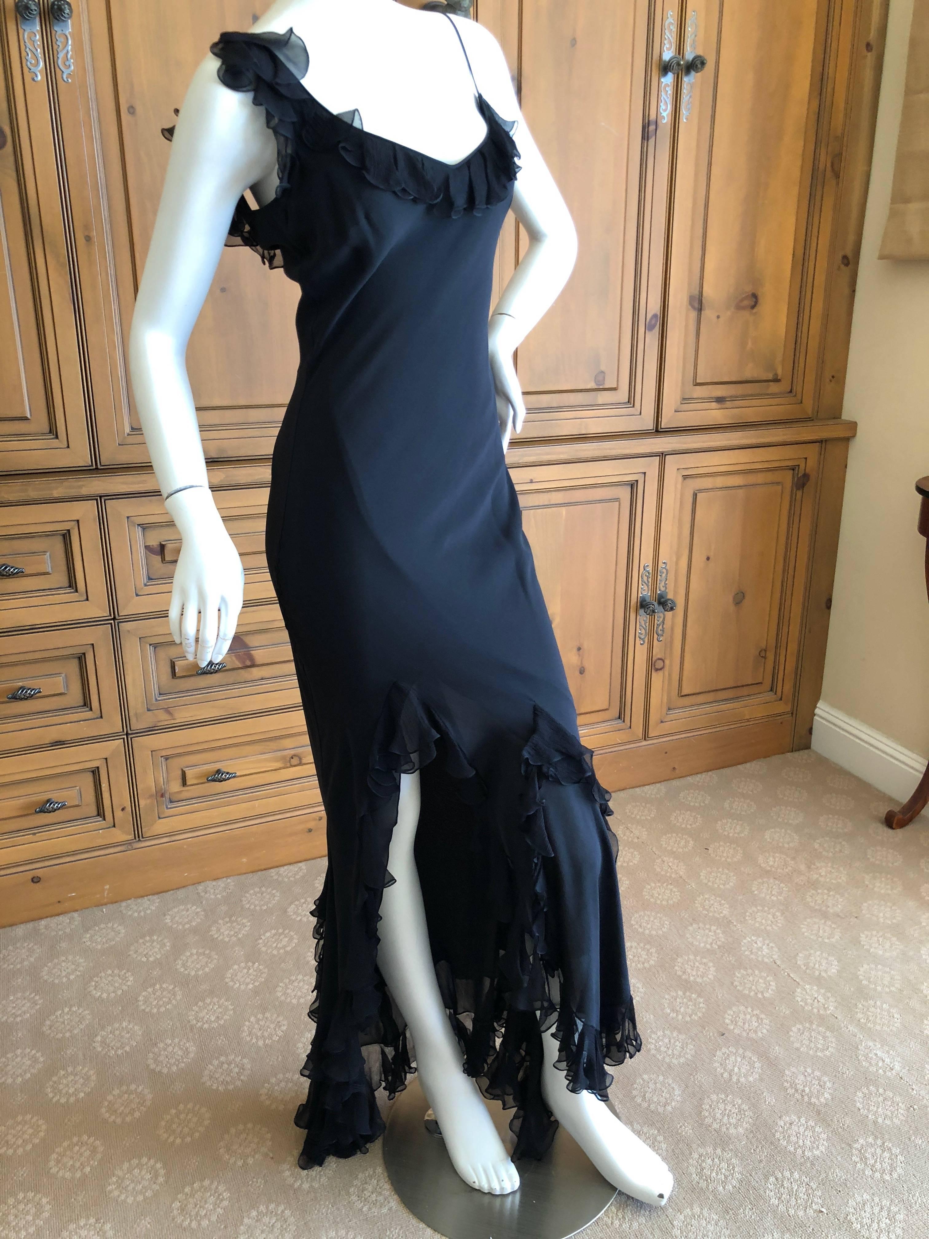 John Galliano Vintage Ruffled Flamenco Black Chiffon Dress with High Slit Sz 40 For Sale 3
