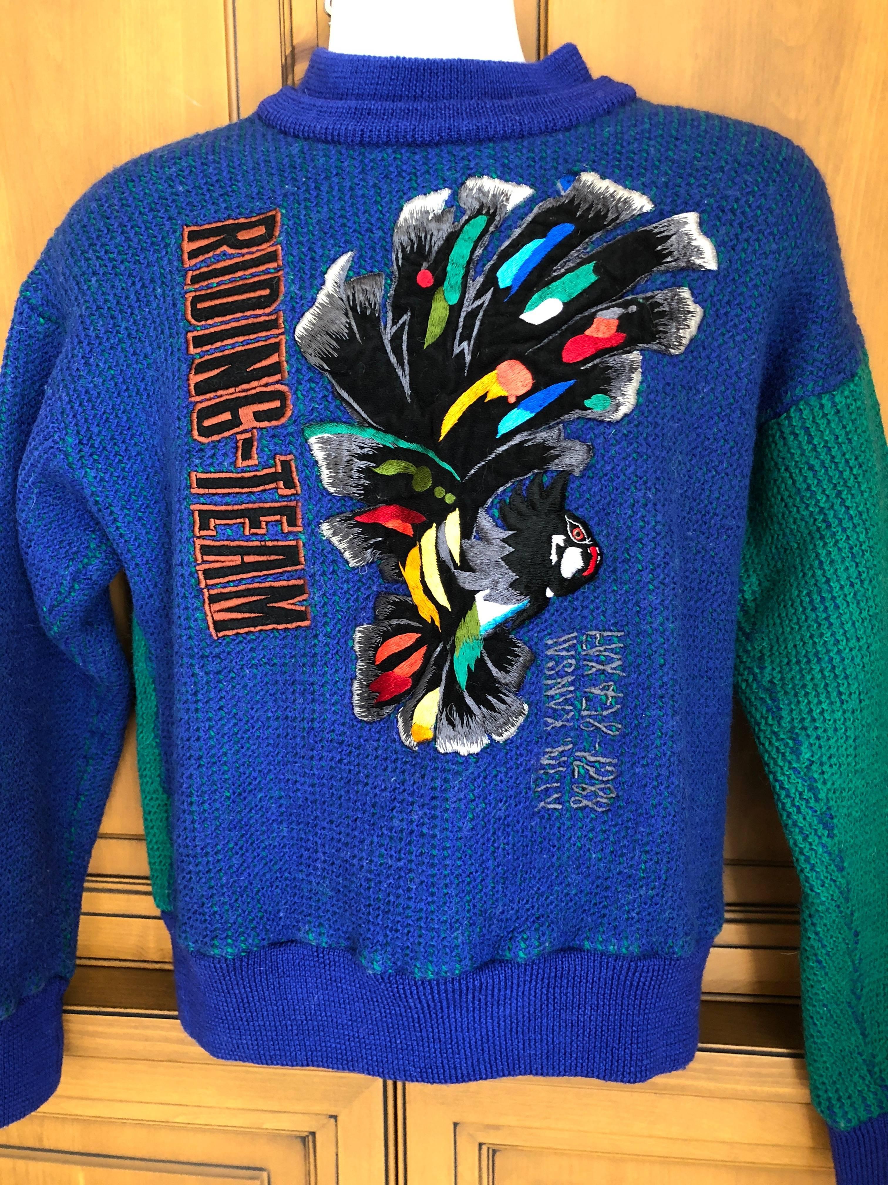 Blue Kansai Yamamoto 1980's Men's Sweater with Bird Embellishment  For Sale