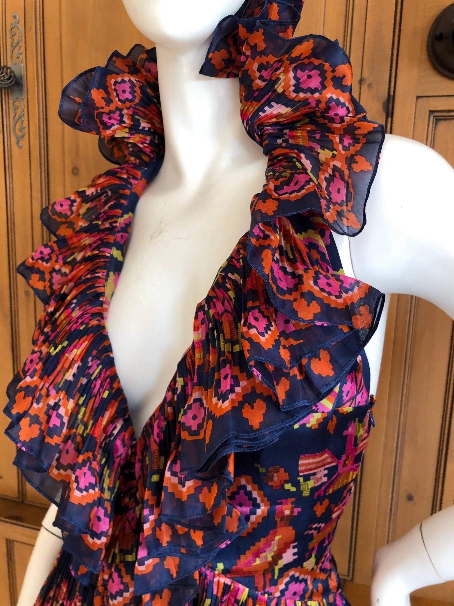 Christian Dior Galliano Resort 2009 Colorful Low Cut Ruffled Silk Halter Dress In Excellent Condition For Sale In Cloverdale, CA