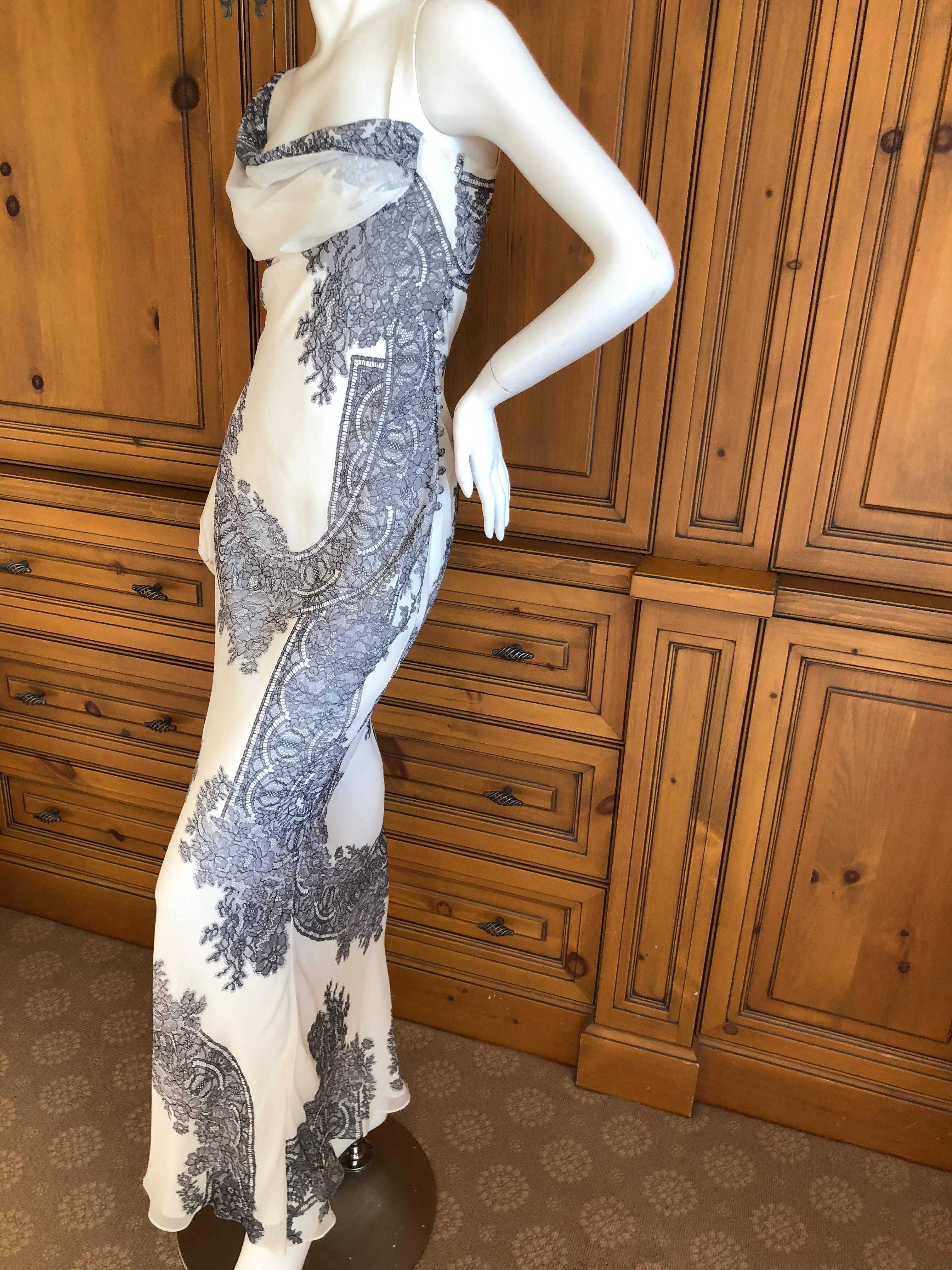 Women's John Galliano Vintage Bias Cut Lace Print Cream and Black Silk Evening Dress For Sale