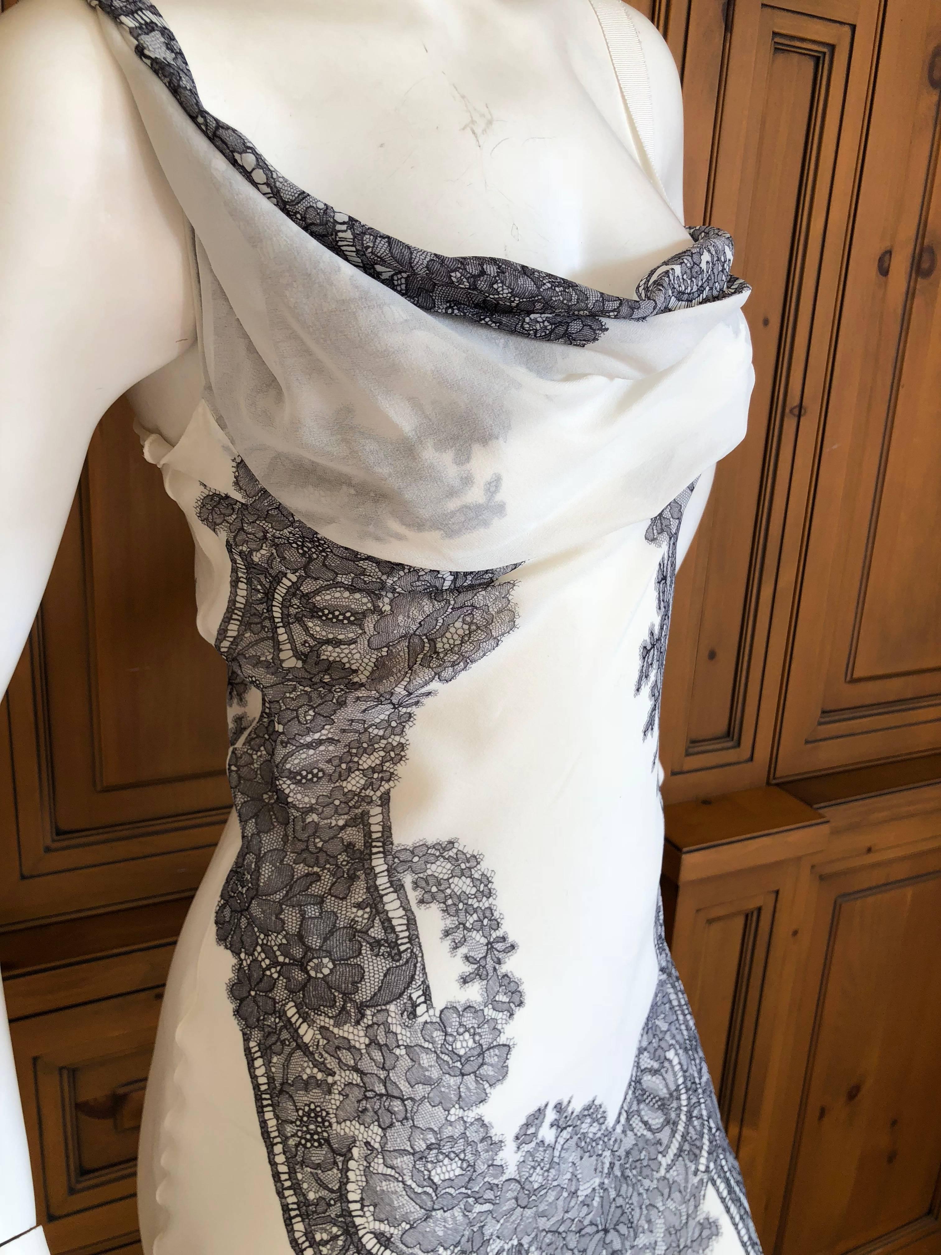 John Galliano Vintage Bias Cut Lace Print Cream and Black Silk Evening Dress For Sale 1