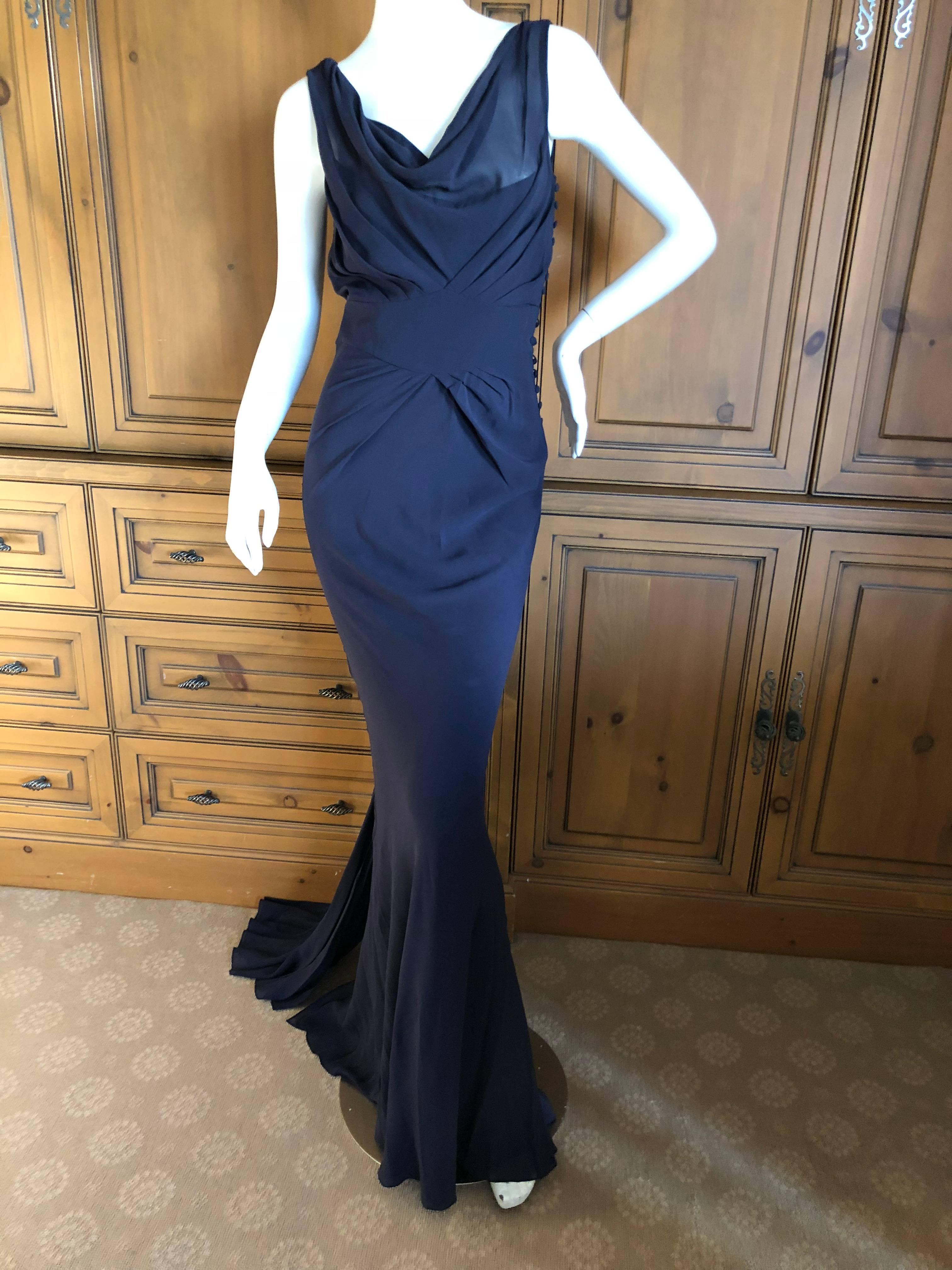 Black John Galliano Vintage Navy Blue Silk Chiffon Evening Dress with Train
