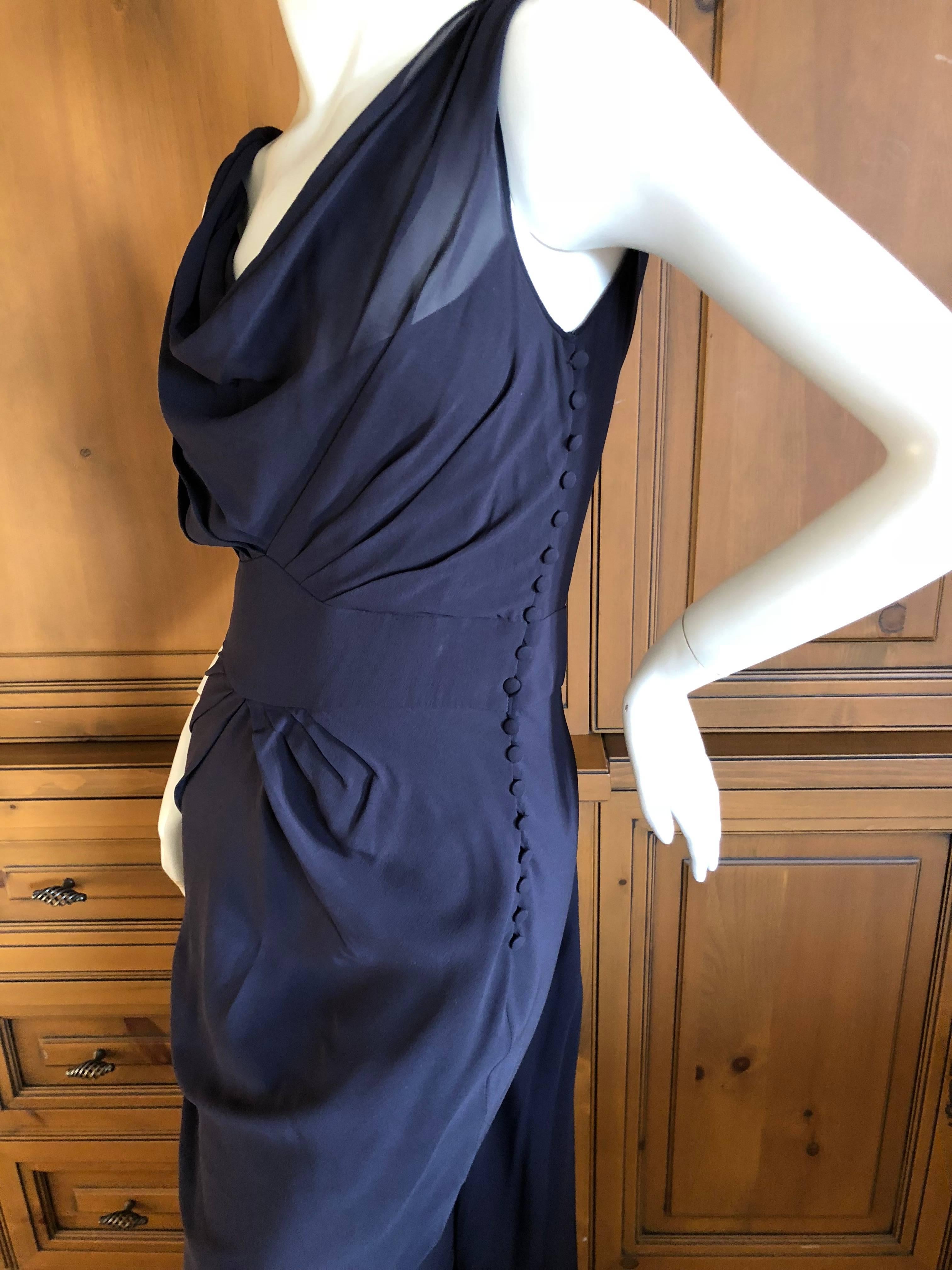 John Galliano Vintage Navy Blue Silk Chiffon Evening Dress with Train In Excellent Condition In Cloverdale, CA