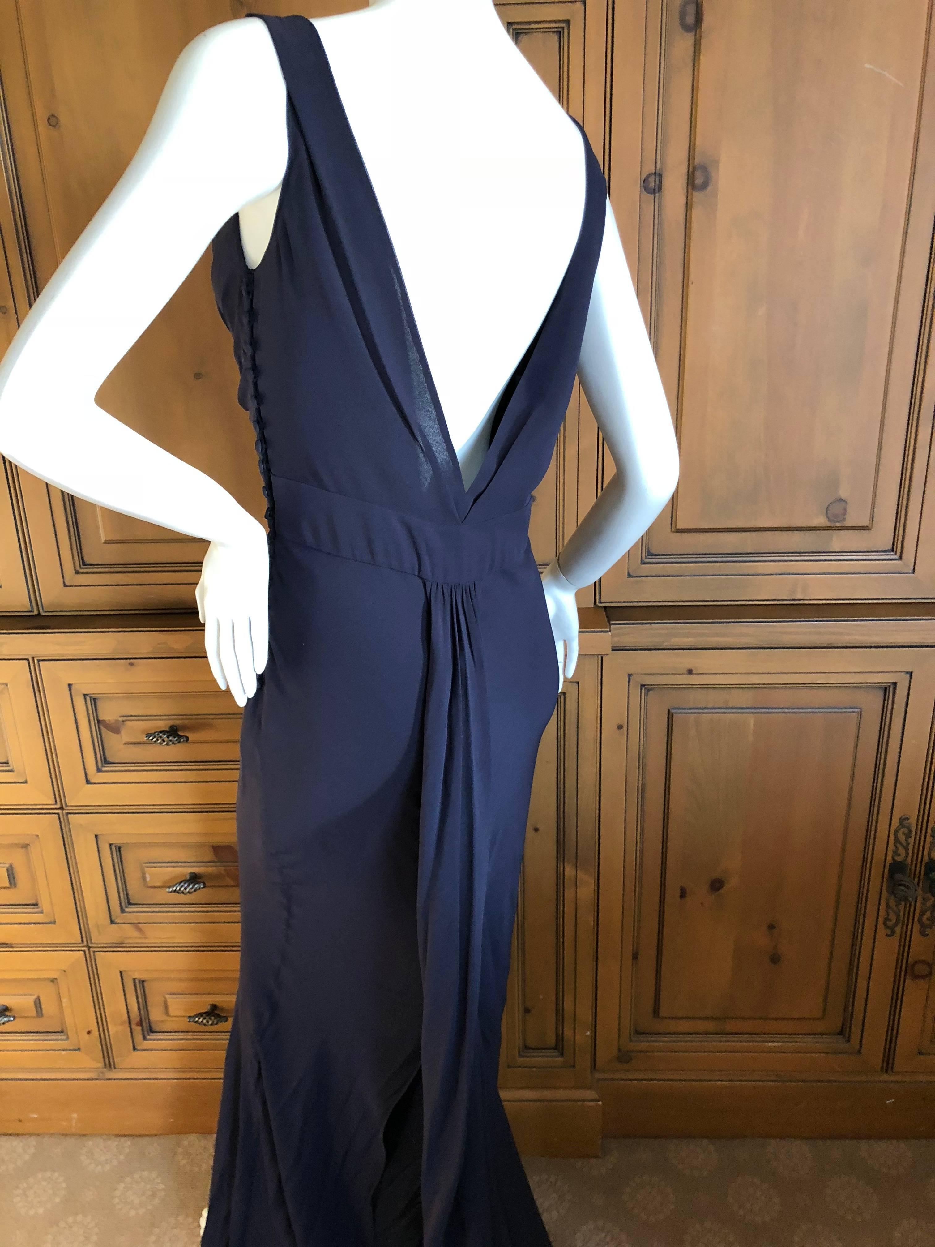 Women's John Galliano Vintage Navy Blue Silk Chiffon Evening Dress with Train
