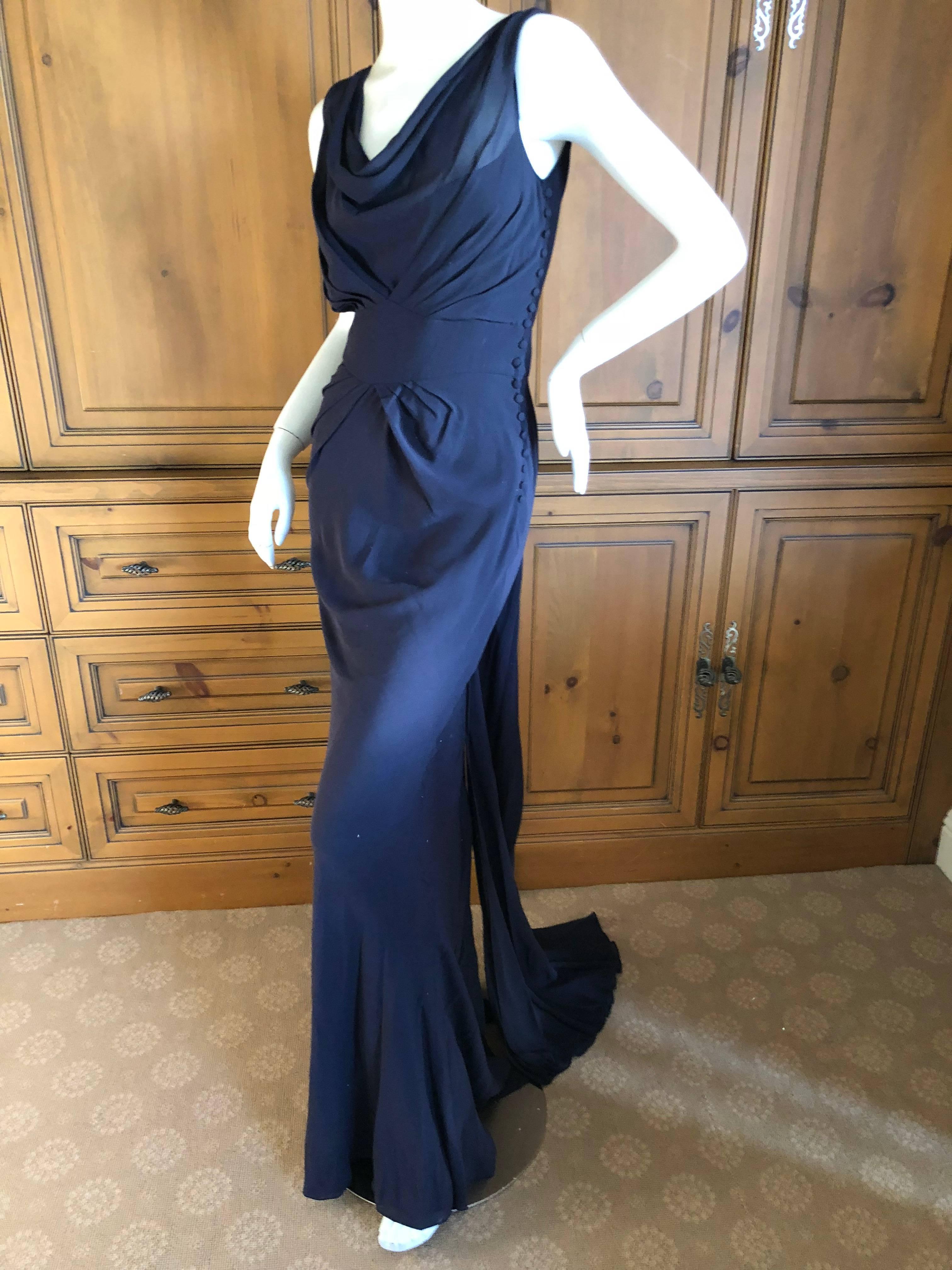 John Galliano Vintage Navy Blue Silk Chiffon Evening Dress with Train 1
