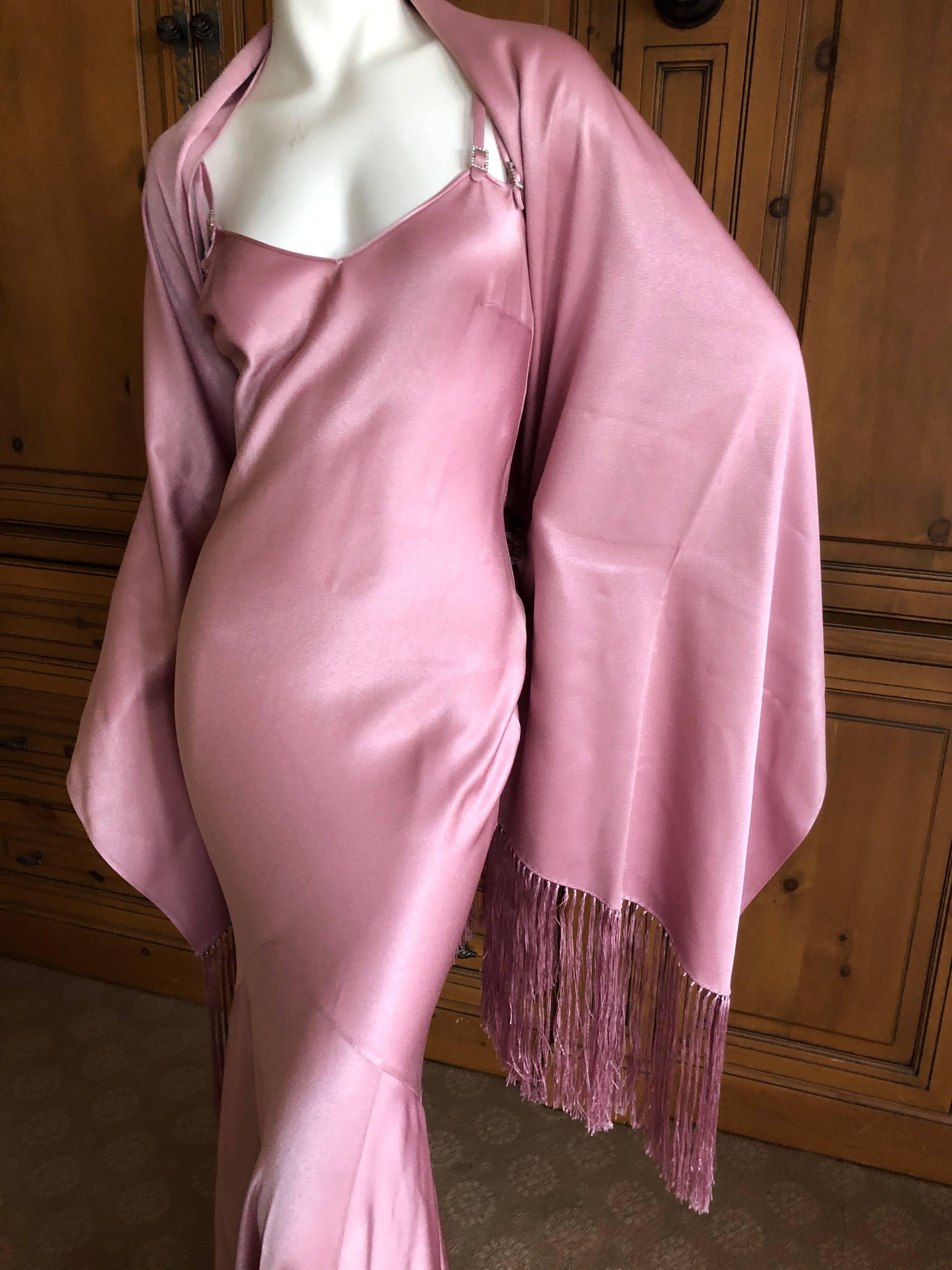 John Galliano Bias Cut Pink Vintage Dress with Fringed Shawl and Jeweled Straps For Sale 1