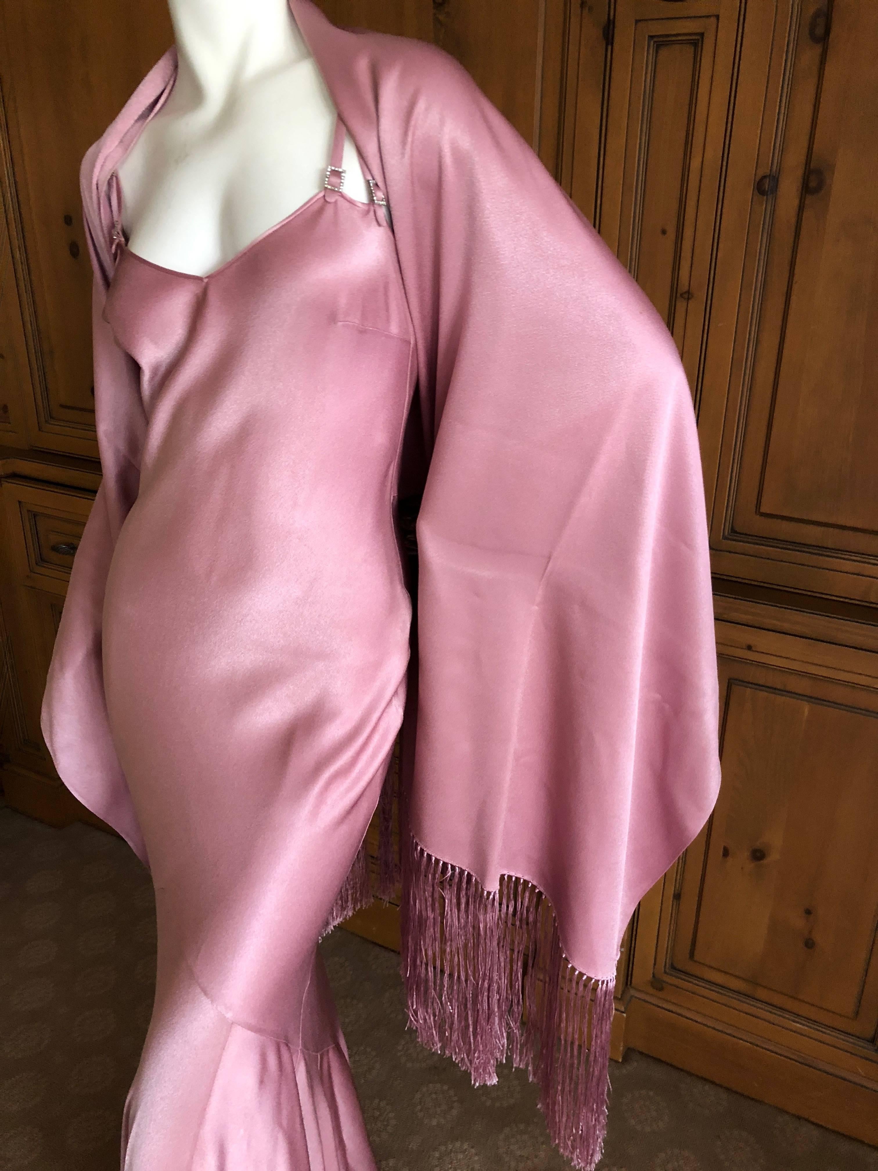 John Galliano Bias Cut Pink Vintage Dress with Fringed Shawl and Jeweled Straps For Sale 2