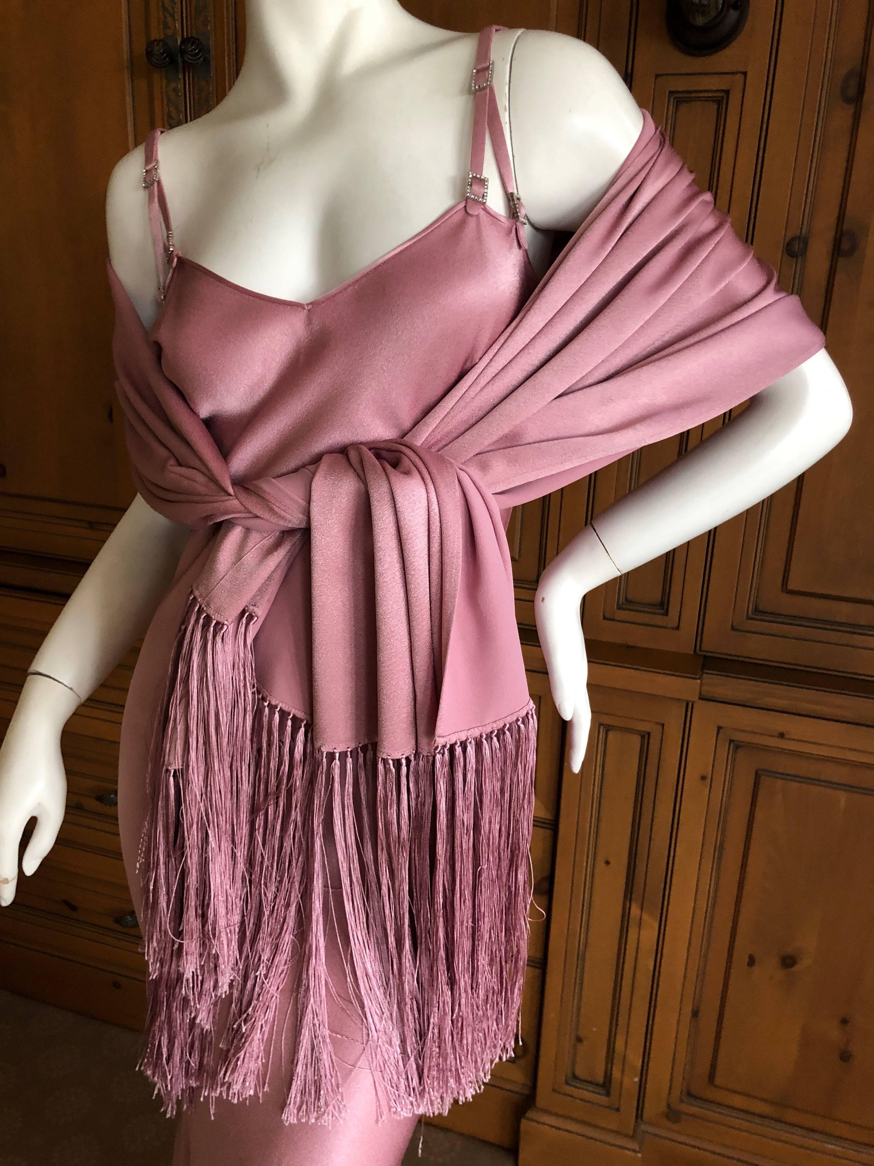 John Galliano Bias Cut Pink Vintage Dress with Fringed Shawl and Jeweled Straps For Sale 4