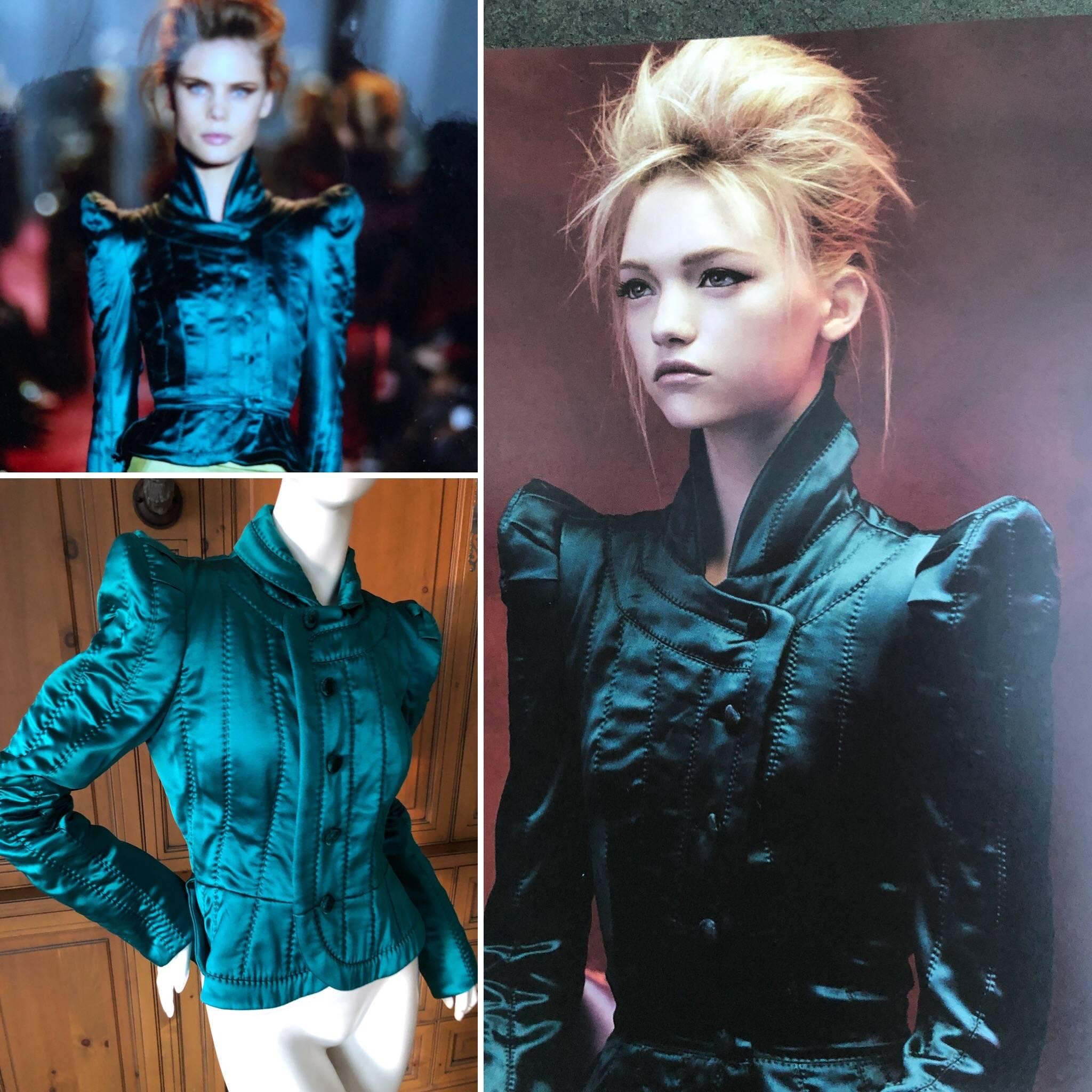 Yves Saint Laurent Tom Ford Fall 2002 Pagoda Shoulder Jacket 

Peacock Green Silk

Jacket is marked sz 40

BUST:	38
