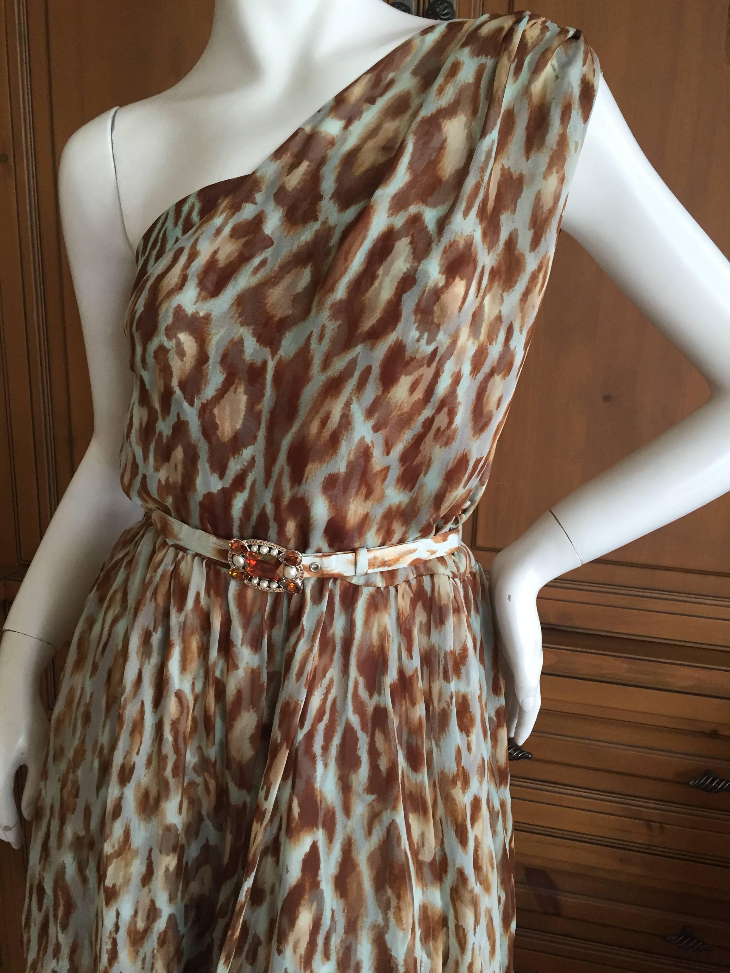 Christian Dior Galliano Chic One Shoulder Leopard Print Silk Dress w Jewel Belt  For Sale 2