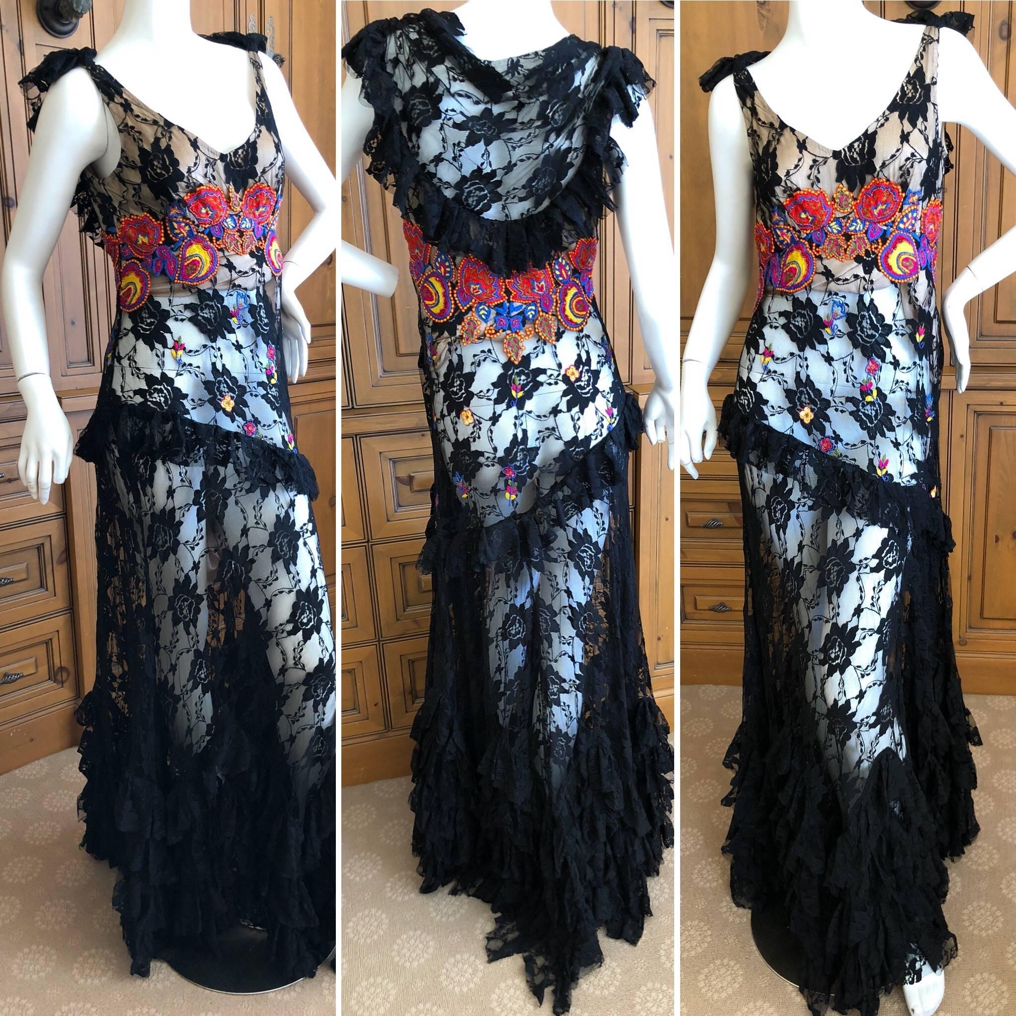 John Galliano Vintage Embroidered Ruffled Lace Flamenco Evening Dress  For Sale 5