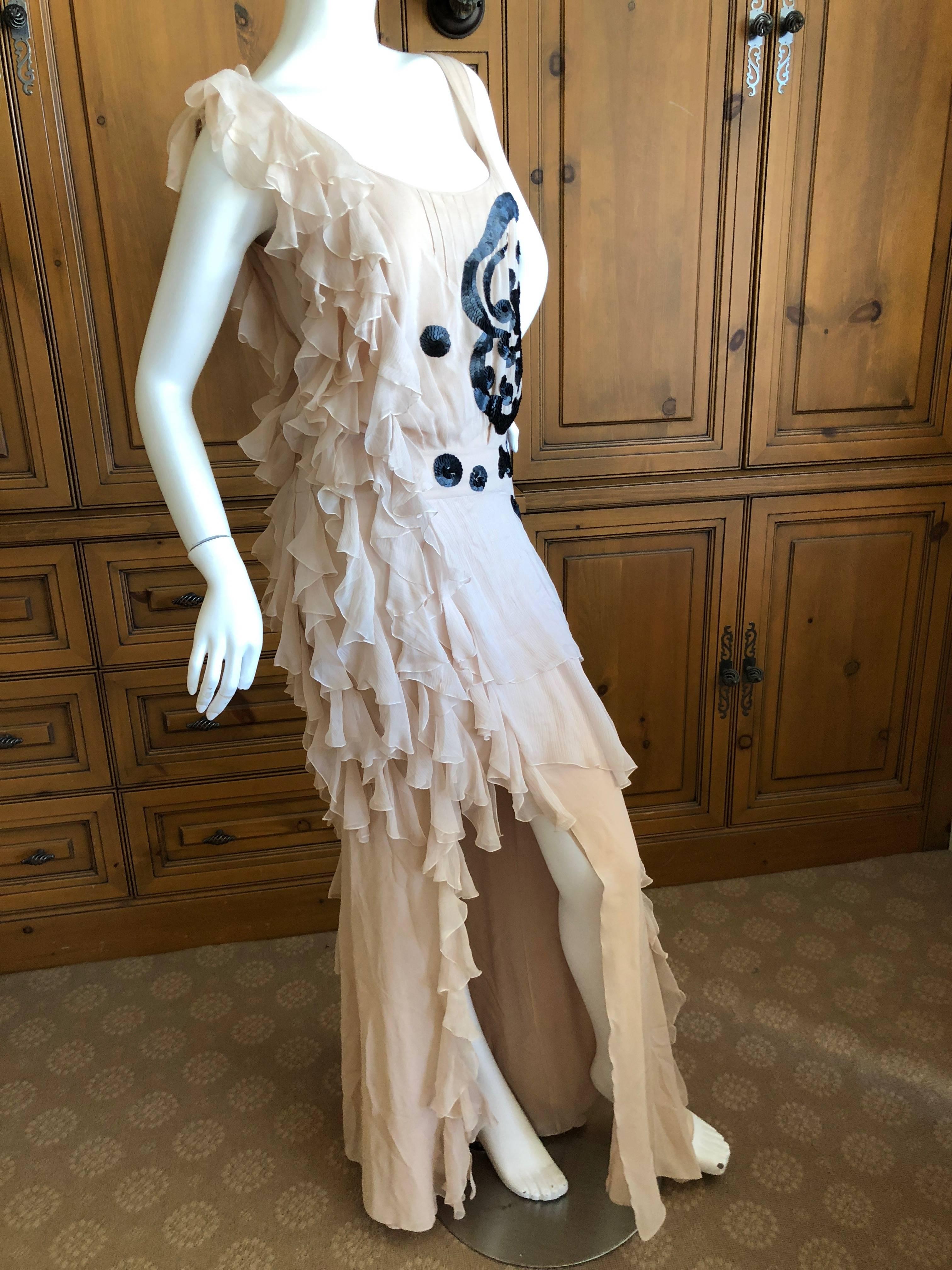 John Galliano Spring 2007 Ruffled Evening Dress w Matte Black Sequins Book Piece In Excellent Condition For Sale In Cloverdale, CA