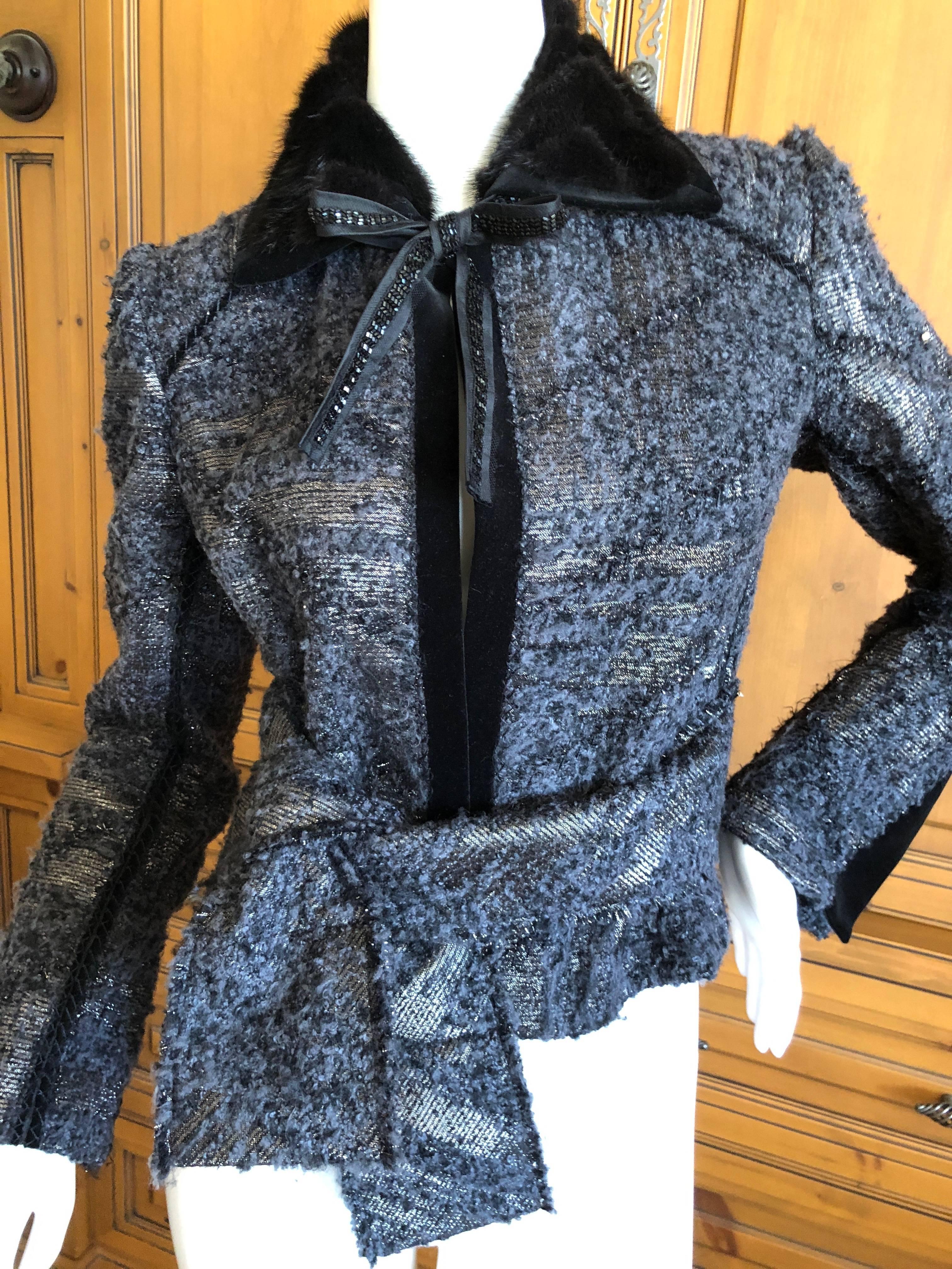 J. Mendel Paris Bead Embellished Tweed Belted Jacket with Fur Collar and Belt In Excellent Condition For Sale In Cloverdale, CA