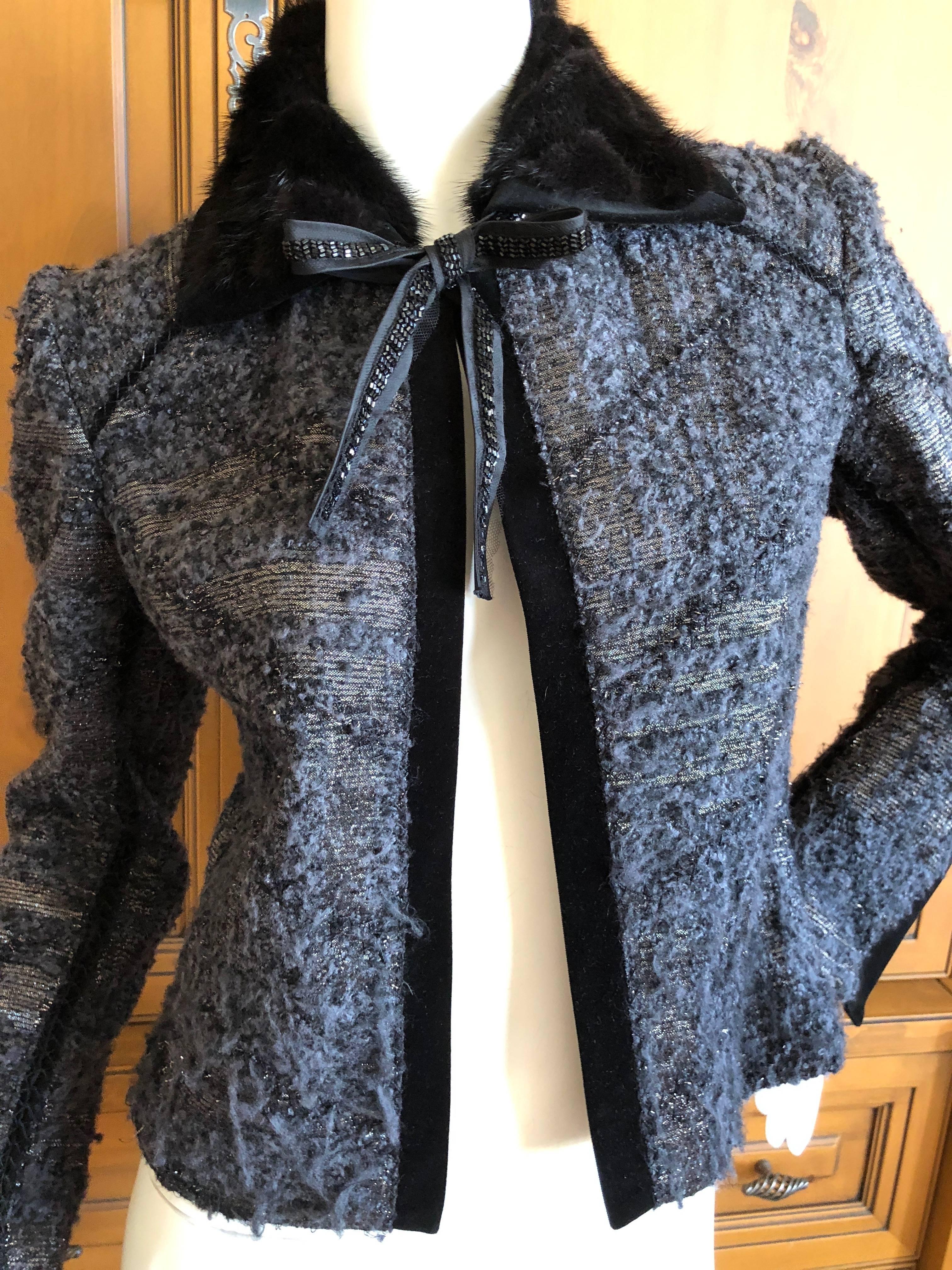 Women's J. Mendel Paris Bead Embellished Tweed Belted Jacket with Fur Collar and Belt For Sale