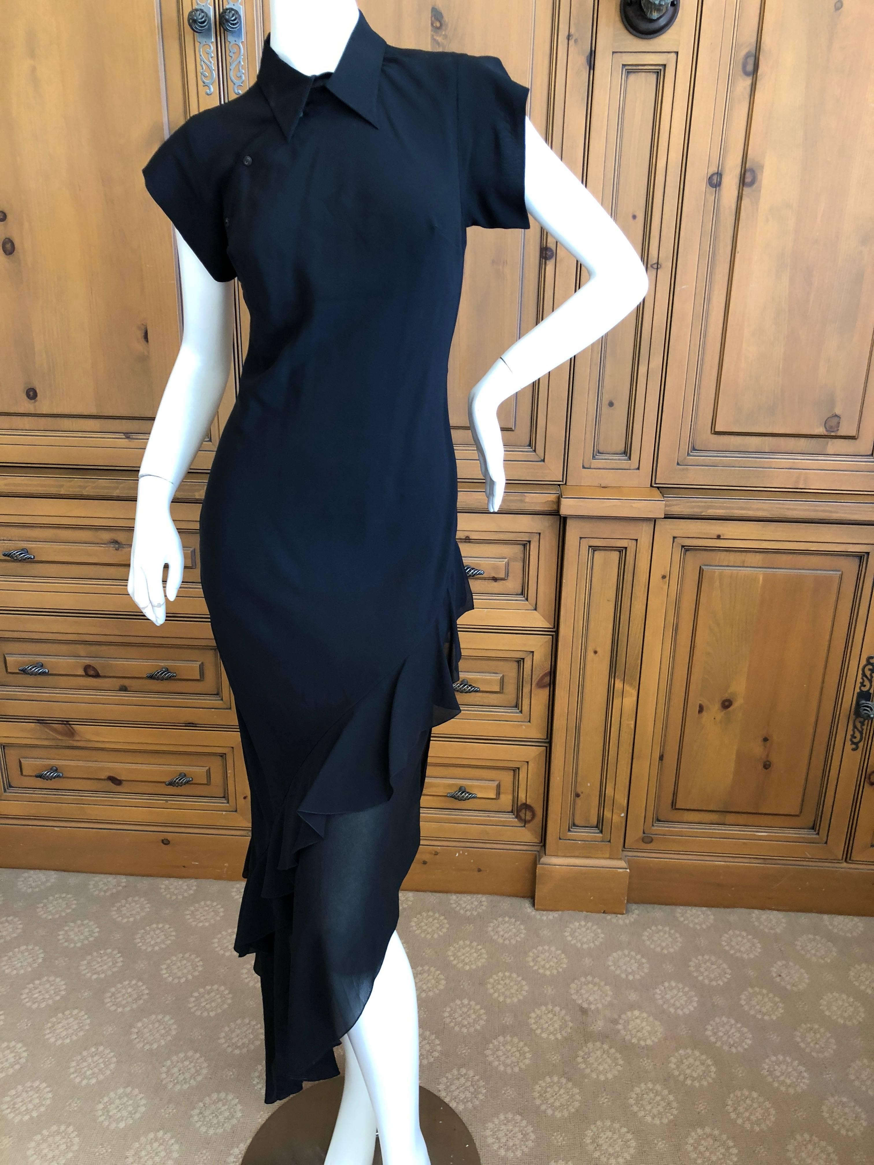 John Galliano Vintage Black Silk Cheongsam Style Evening Dress.
Asymmetrical hemline, long on one side, shorter with a slit on the other. 
Size 38

Please use zoom feature to see, it is hard to photograph, but so pretty.

Bust 38