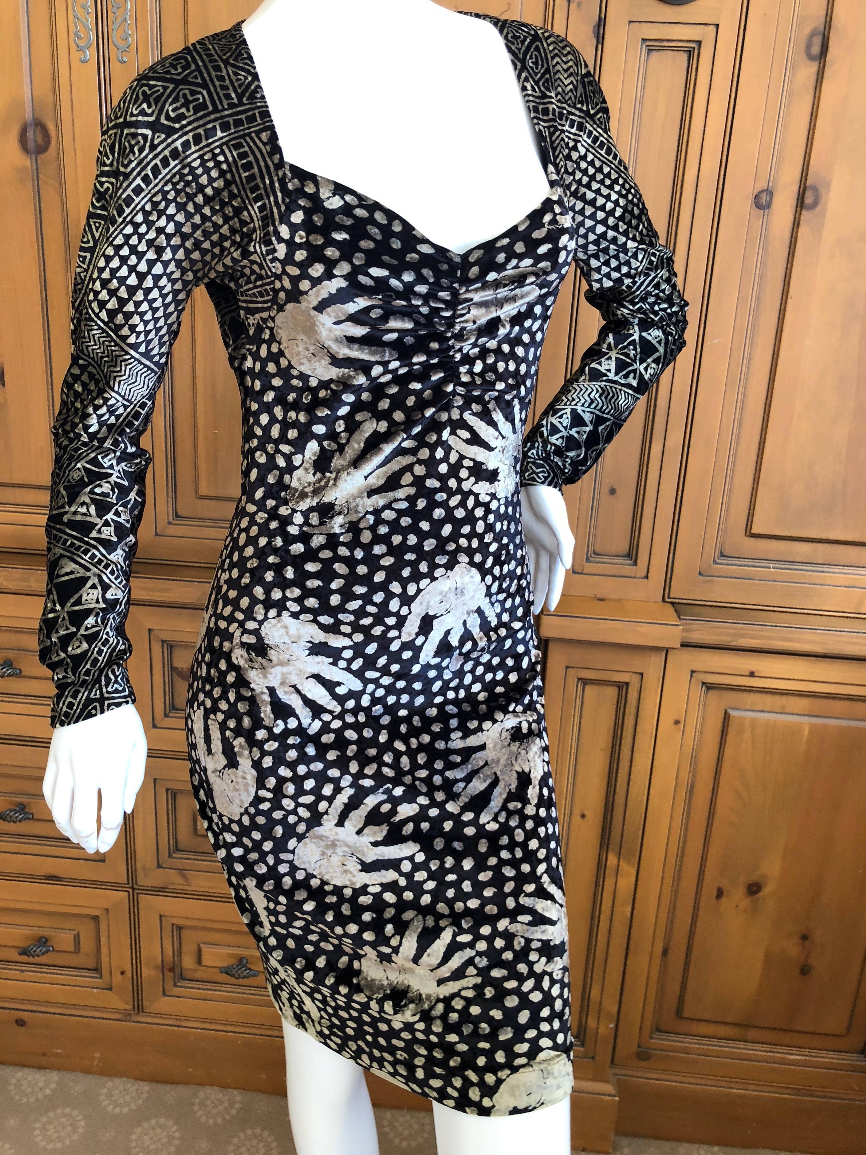 Christian Lacroix Black Velvet Vintage Maori Pattern Hand Print Dress In Excellent Condition For Sale In Cloverdale, CA