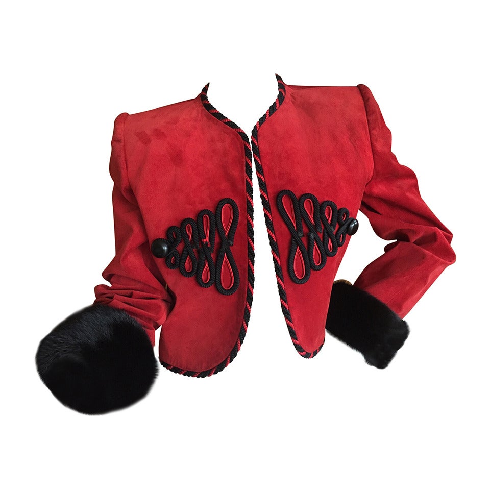 Givenchy Couture Red Suede Mink Trim Crop Jacket For Sale