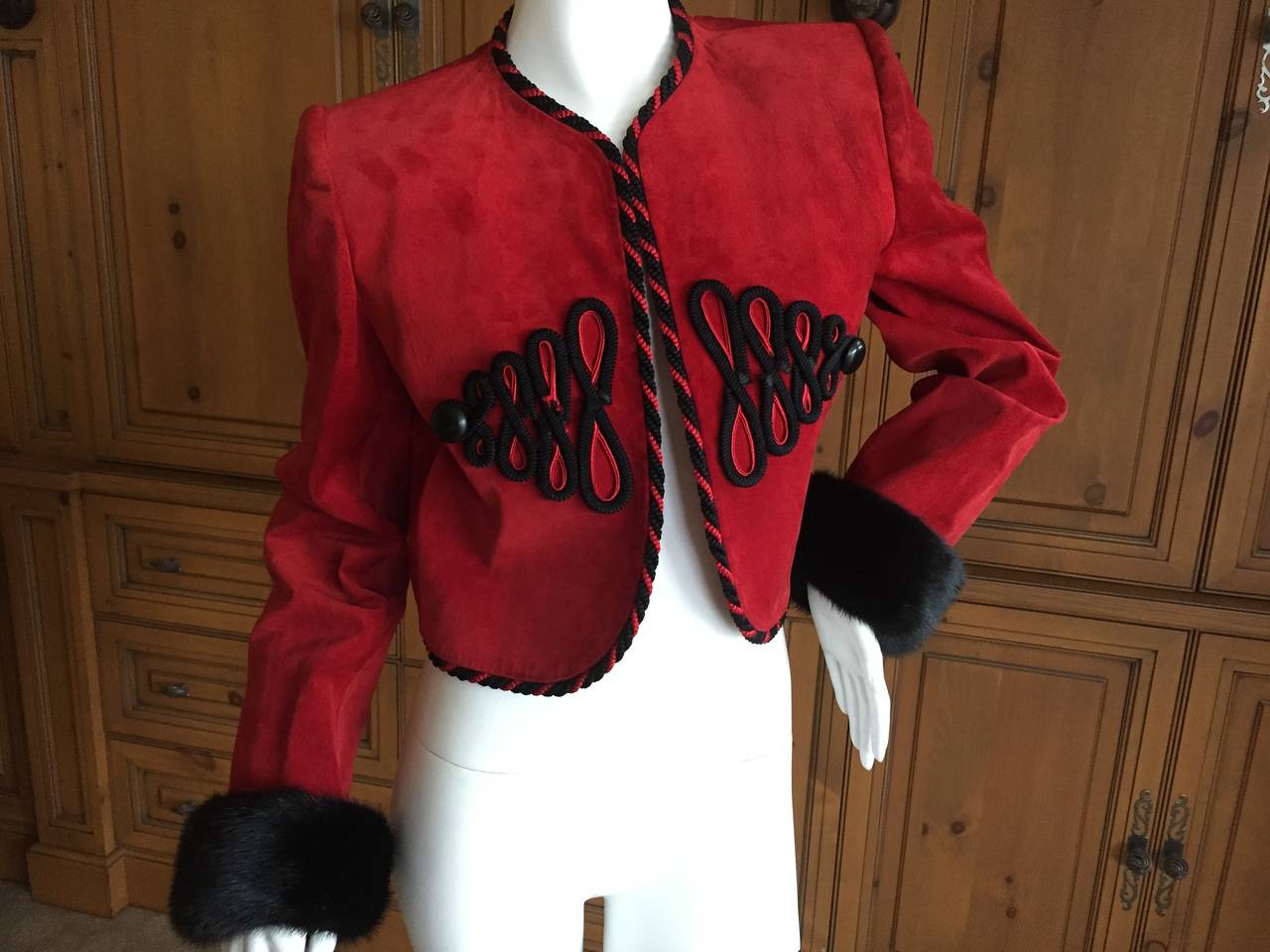 Givenchy Couture Red Suede Mink Trim Crop Jacket In Excellent Condition For Sale In Cloverdale, CA