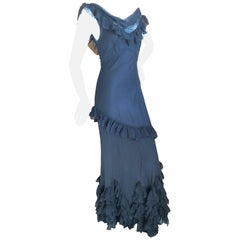  John Galliano Black Sheer Vintage Silk Ruffled Evening Dress with Cowl Back 
