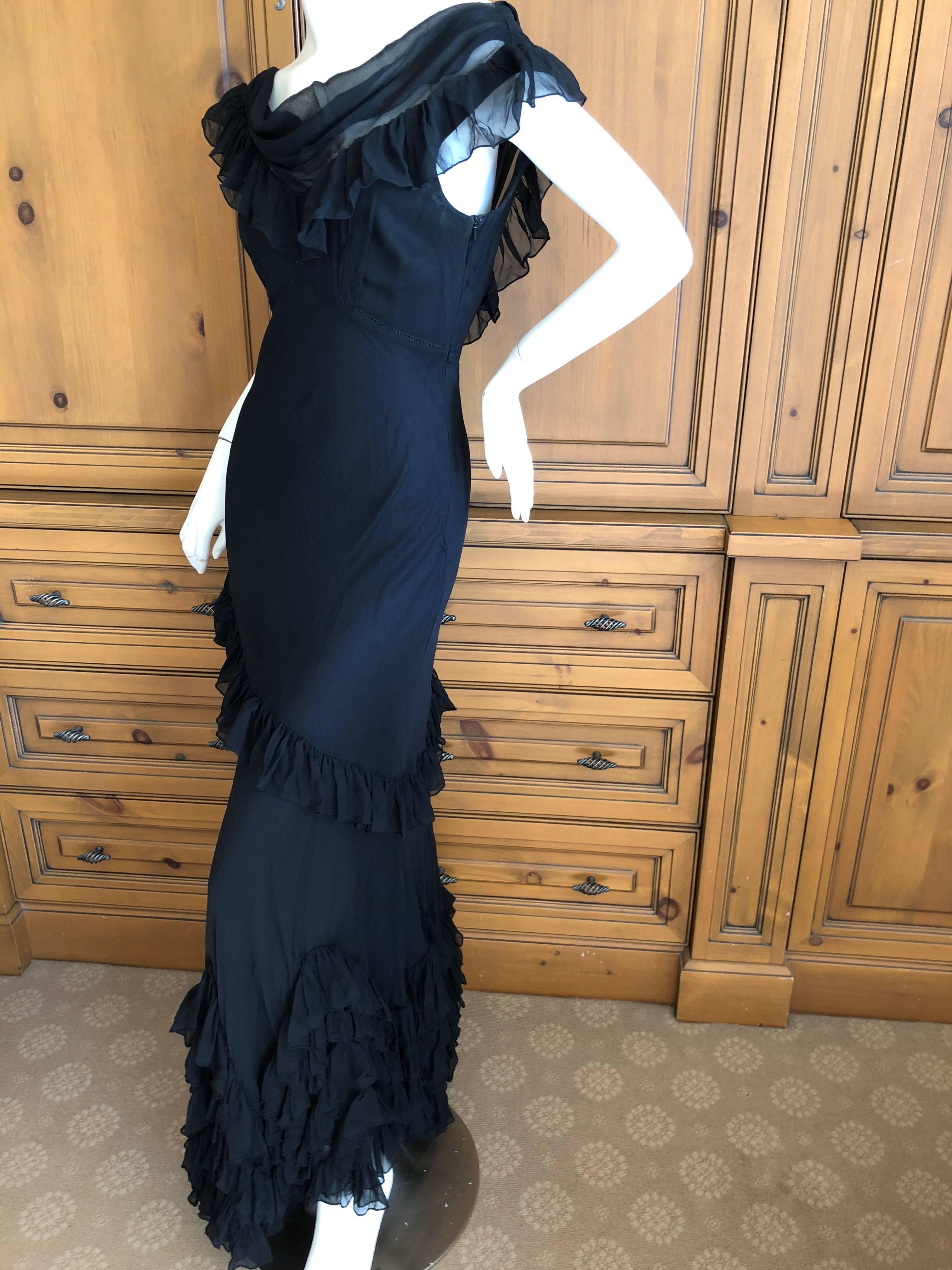  John Galliano Black Sheer Vintage Silk Ruffled Evening Dress with Cowl Back  In Excellent Condition For Sale In Cloverdale, CA