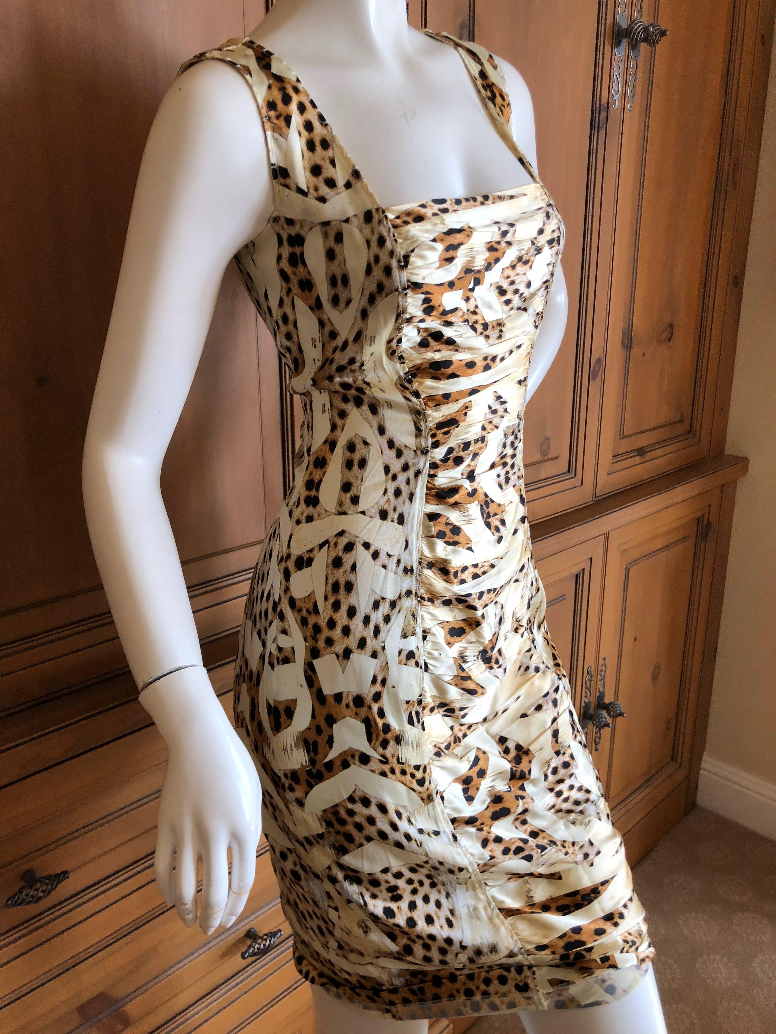 Roberto Cavalli Vintage Ruched Silk Leopard Print Dress In Excellent Condition For Sale In Cloverdale, CA