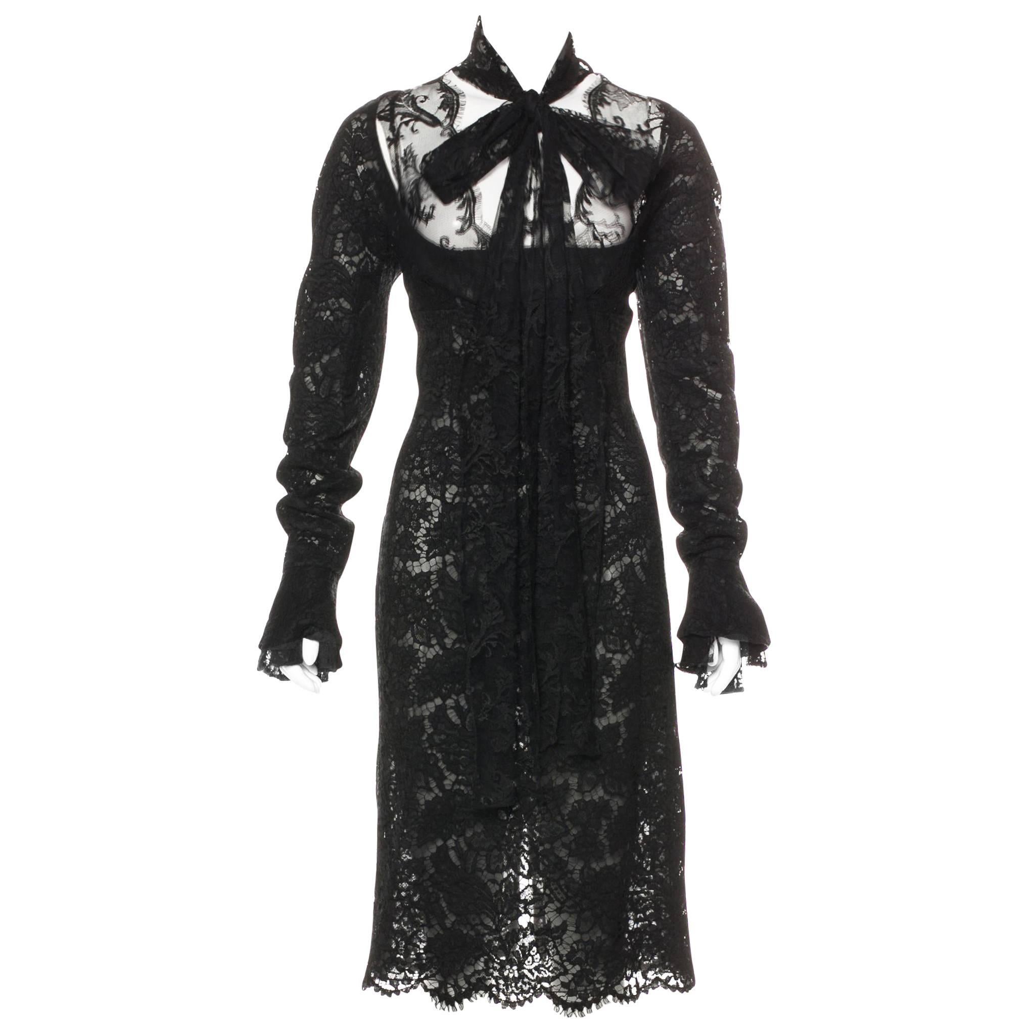 Yves Saint Laurent by Tom Ford Black Lace Cocktail Dress with Scarf Ties For Sale