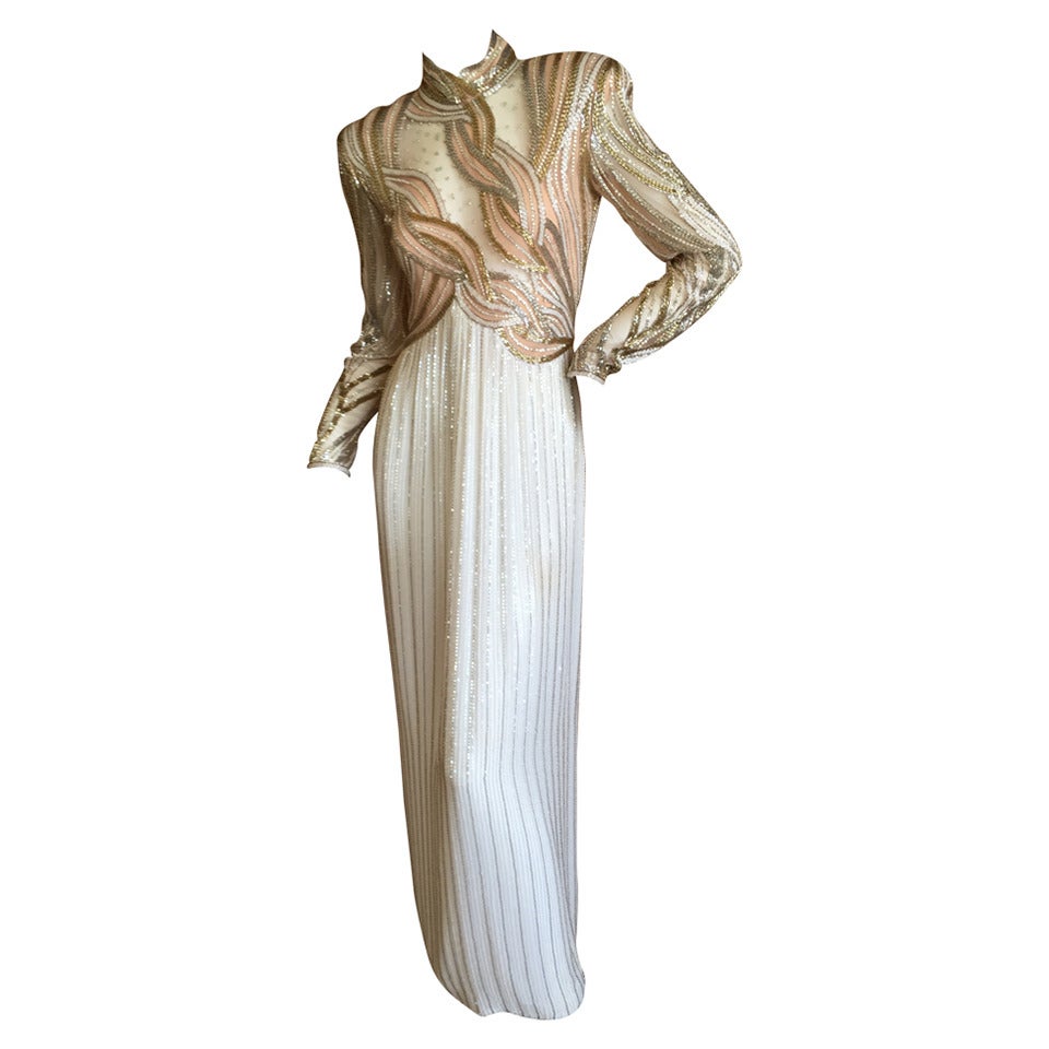 Bob Mackie Sheer Illusion Beaded Gown, 1970s 