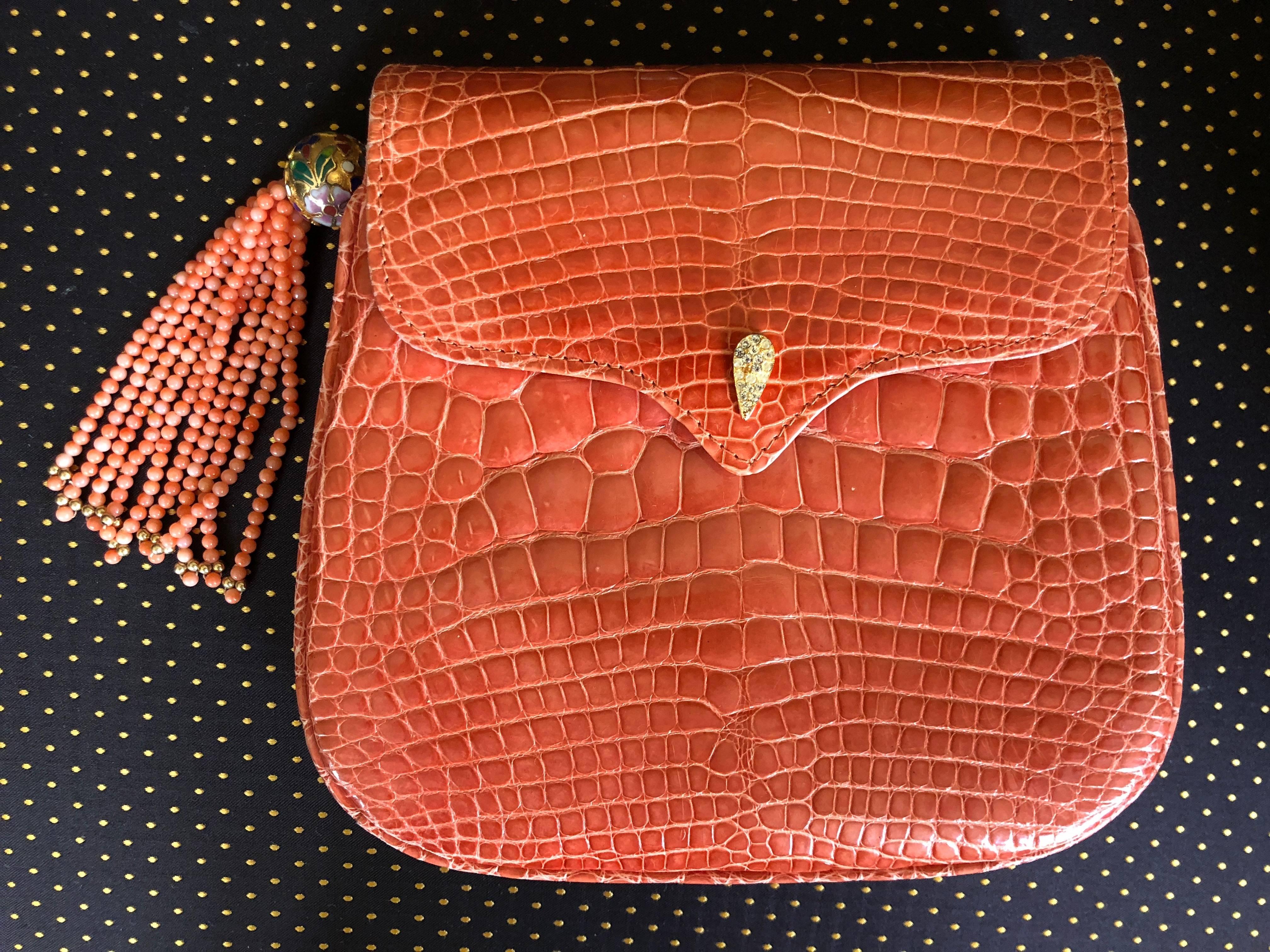  Lana of London Exquisite Orange Crocodile Evening Bag with Coral Bead Strap In Excellent Condition For Sale In Cloverdale, CA