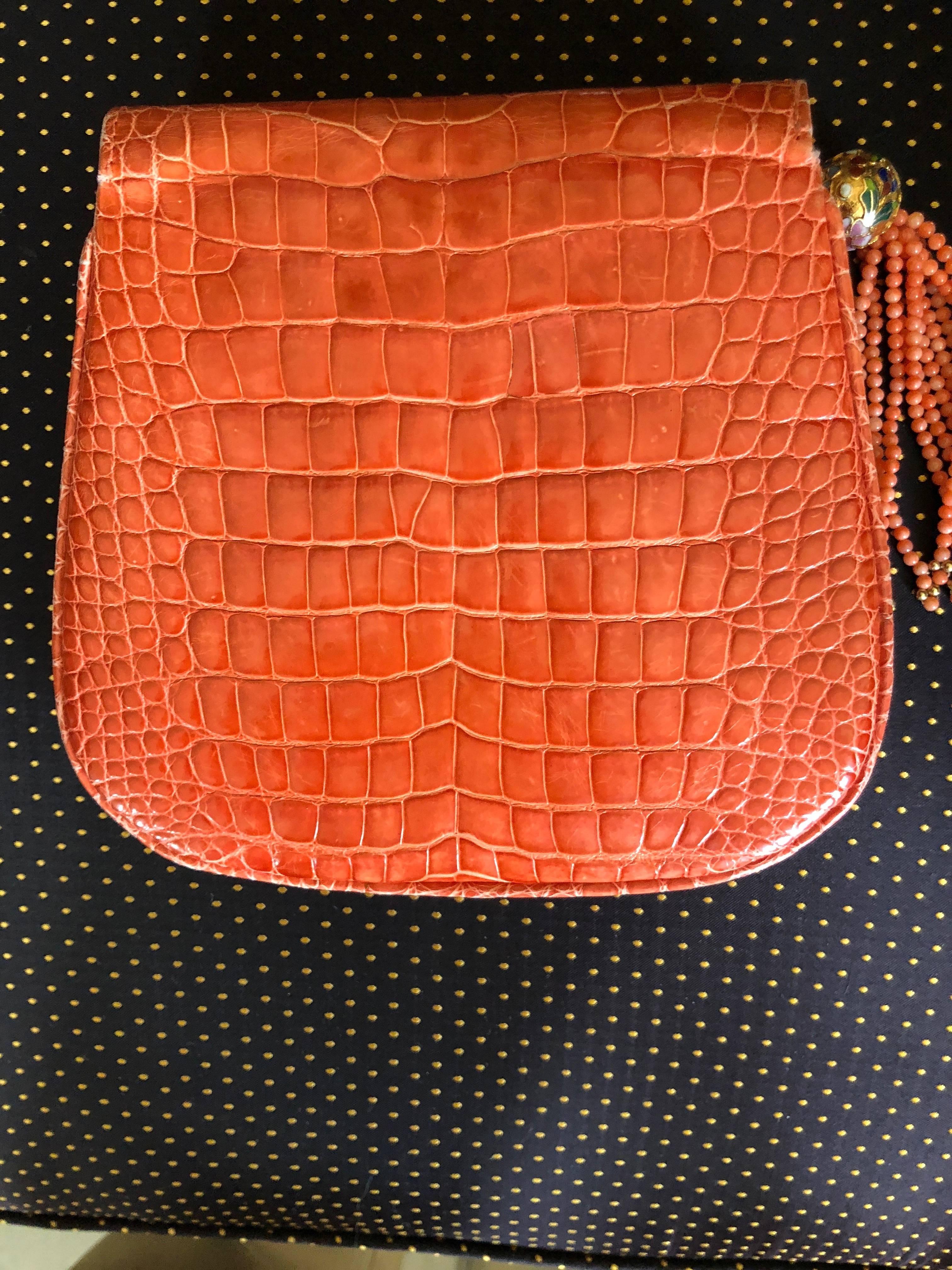 Women's or Men's  Lana of London Exquisite Orange Crocodile Evening Bag with Coral Bead Strap For Sale