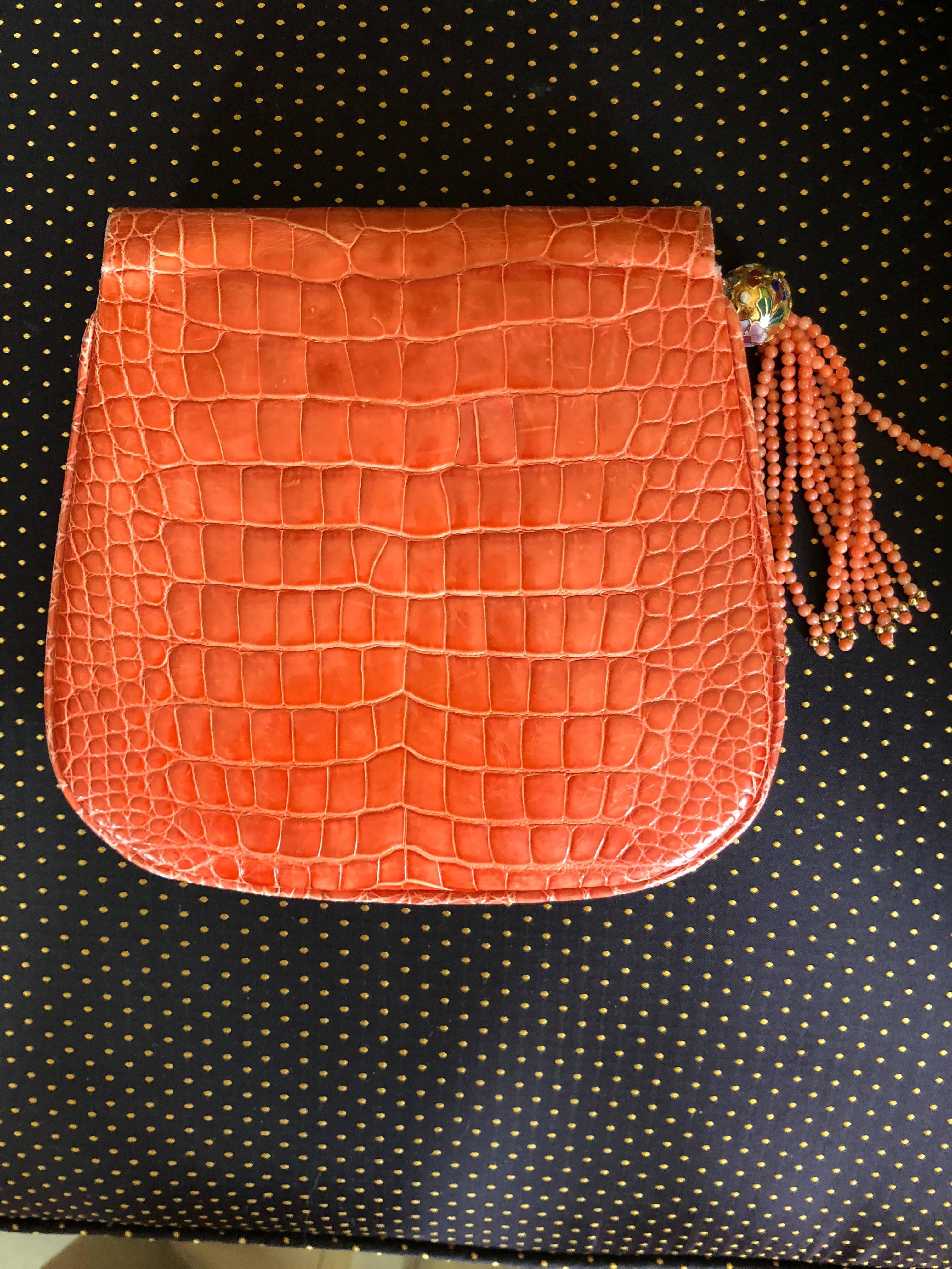  Lana of London Exquisite Orange Crocodile Evening Bag with Coral Bead Strap For Sale 1