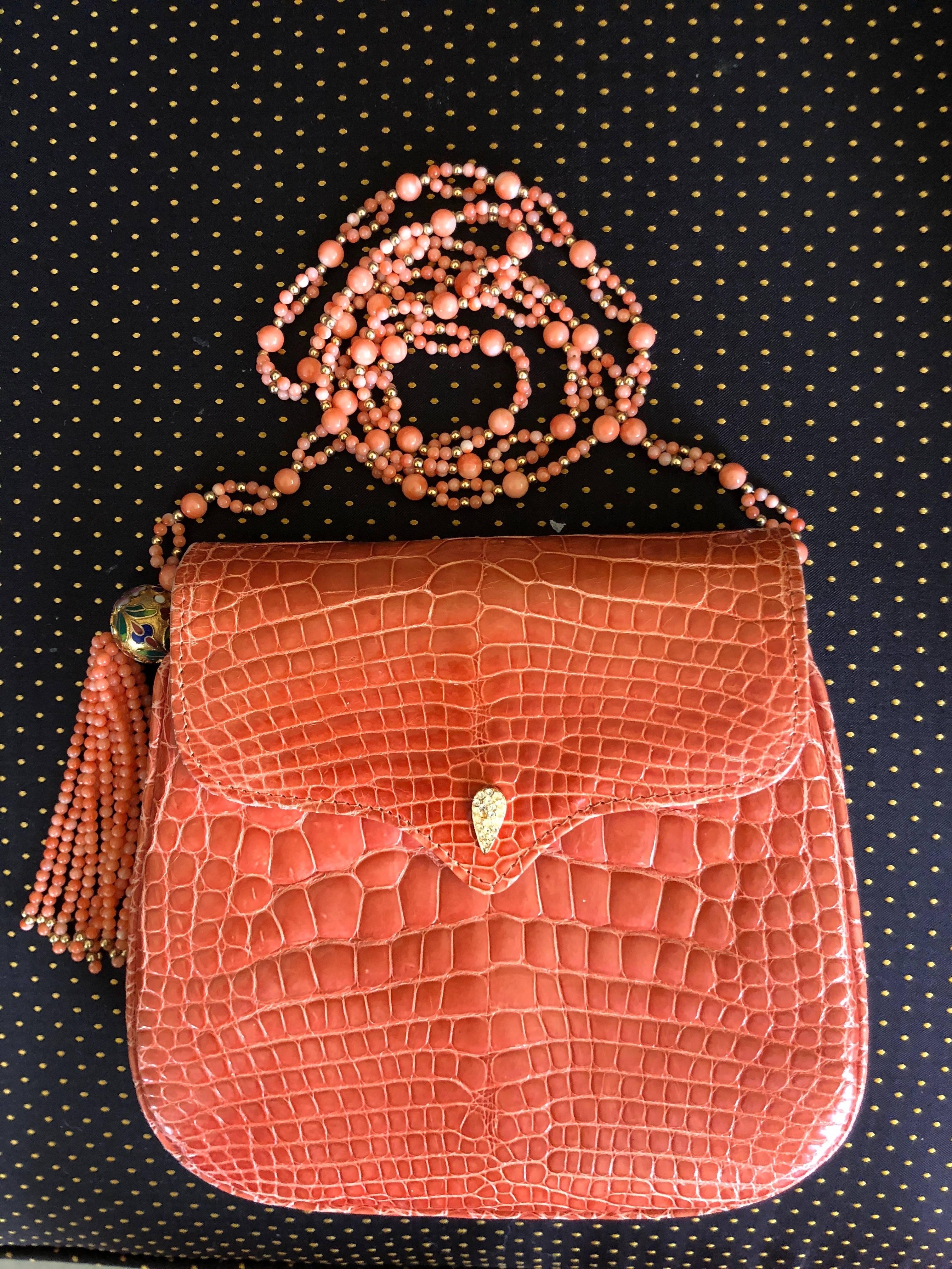  Lana of London Exquisite Orange Crocodile Evening Bag with Coral Bead Strap For Sale 5