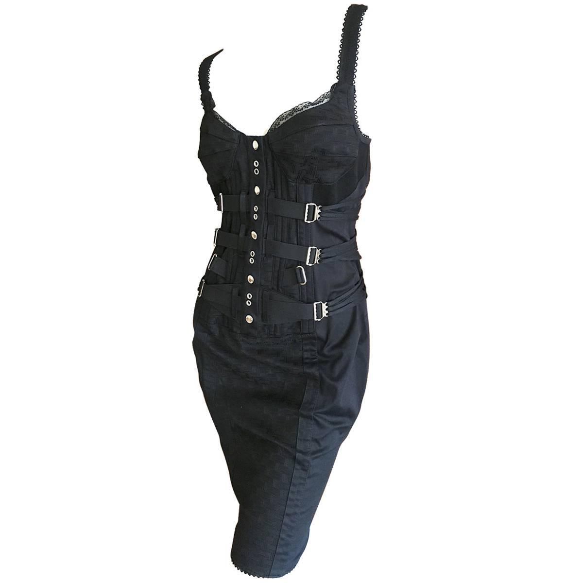 Dolce & Gabbana Vintage D&G Lace Trim Bondage Strap Little Black Dress For Sale