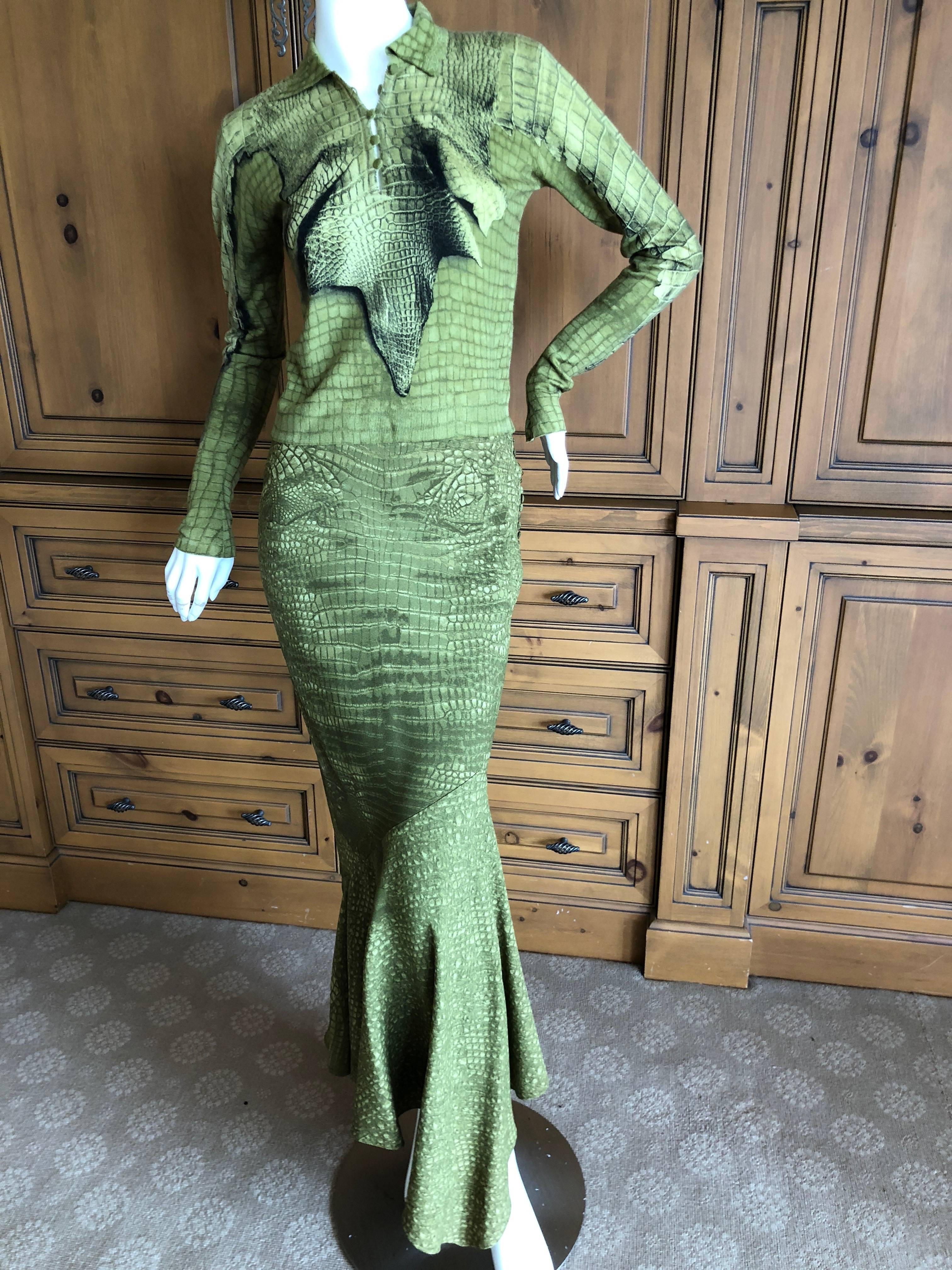 John Galliano 1990's Alligator Print Cashmere Sweater w Matching Mermaid Skirt In Excellent Condition In Cloverdale, CA