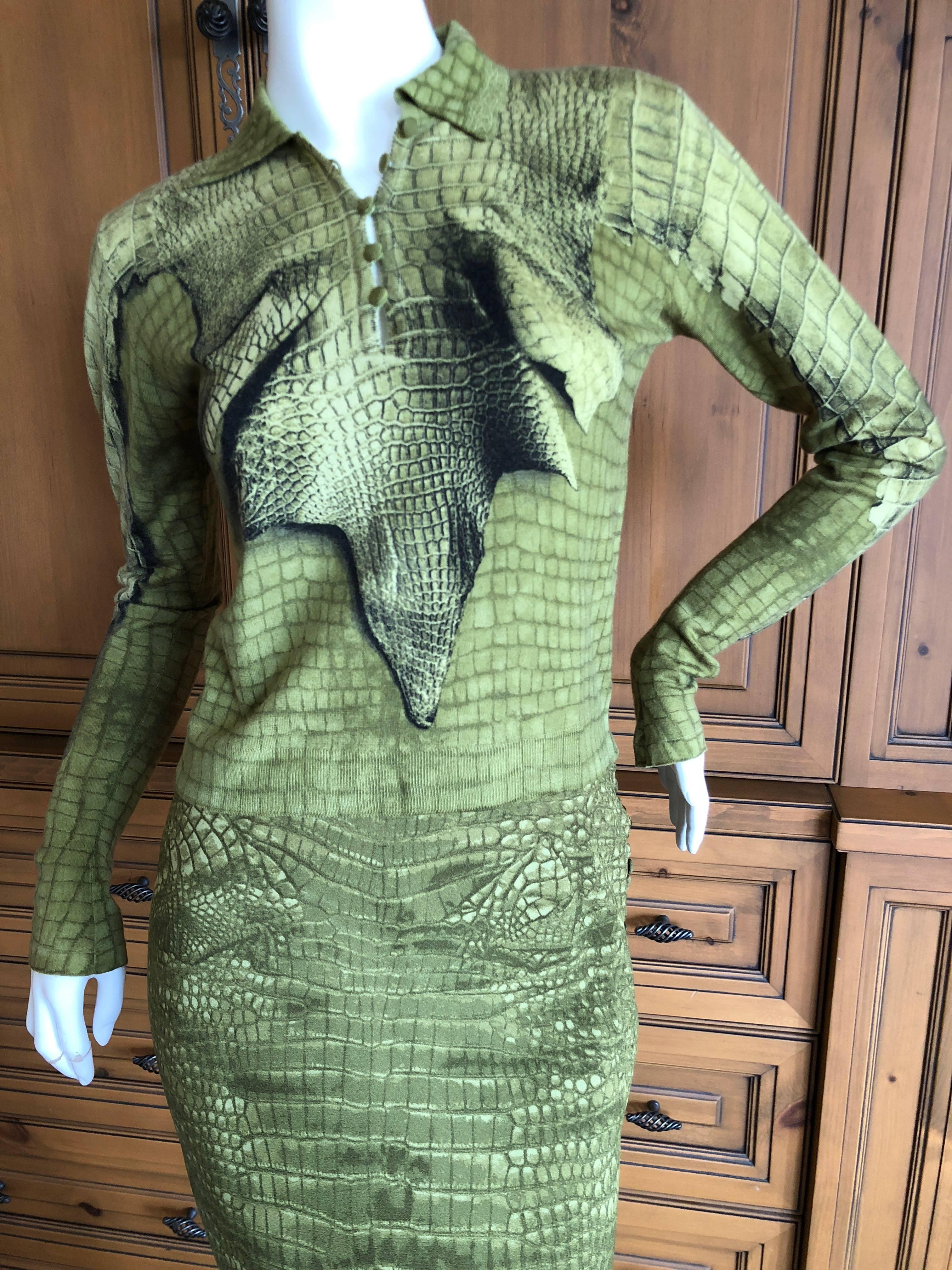 Women's John Galliano 1990's Alligator Print Cashmere Sweater w Matching Mermaid Skirt
