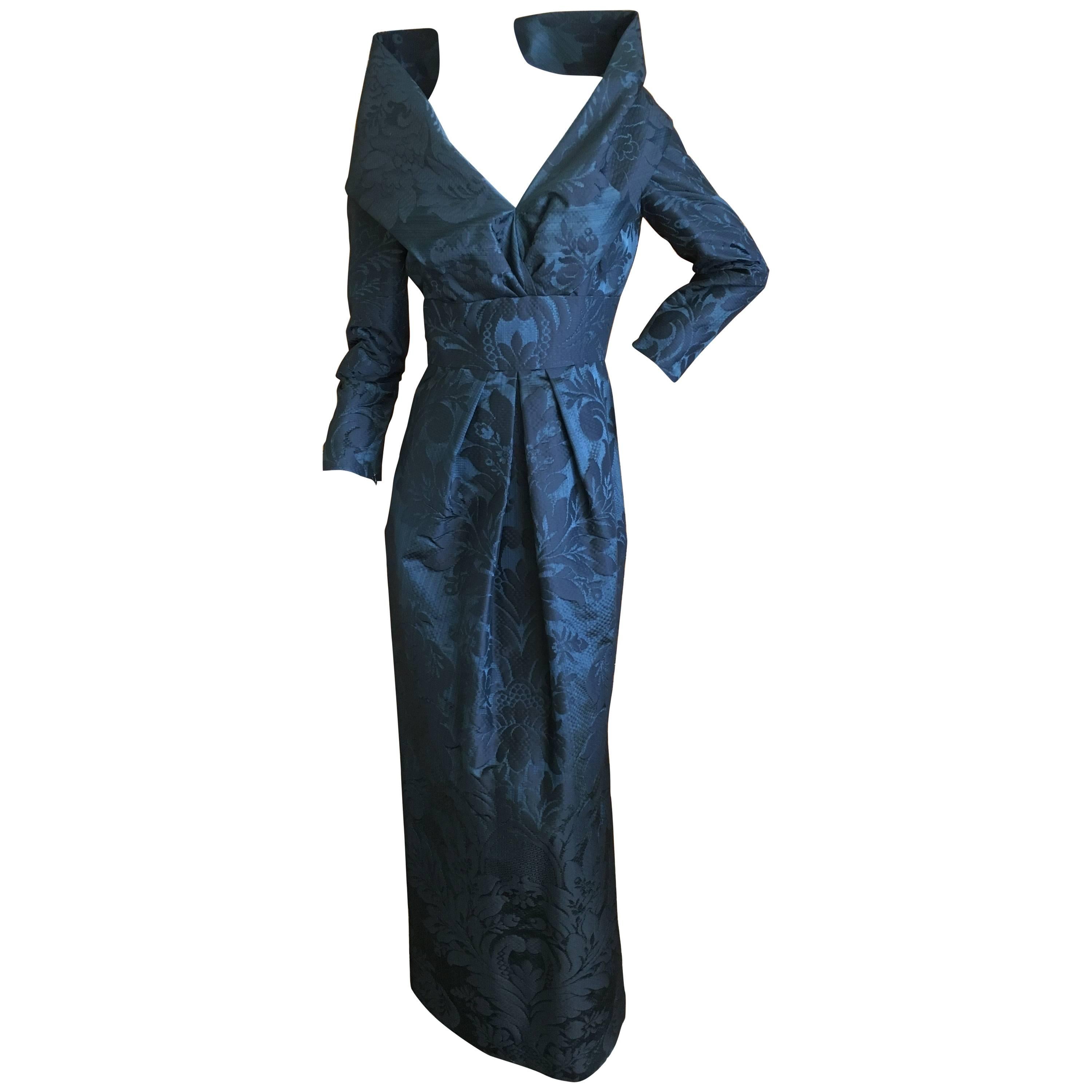 Oscar de la Renta Vintage Teal & Black Jacquard Evening Dress w Portrait Collar For Sale