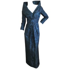Oscar de la Renta Vintage Teal & Black Jacquard Evening Dress w Portrait Collar
