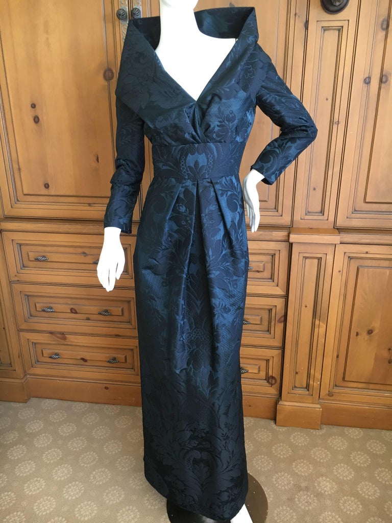 Oscar de la Renta Vintage Teal and Black Jacquard Evening Dress w Portrait  Collar For Sale at 1stDibs | portrait collar dress, portrait collar evening  gowns, portrait collar evening gown
