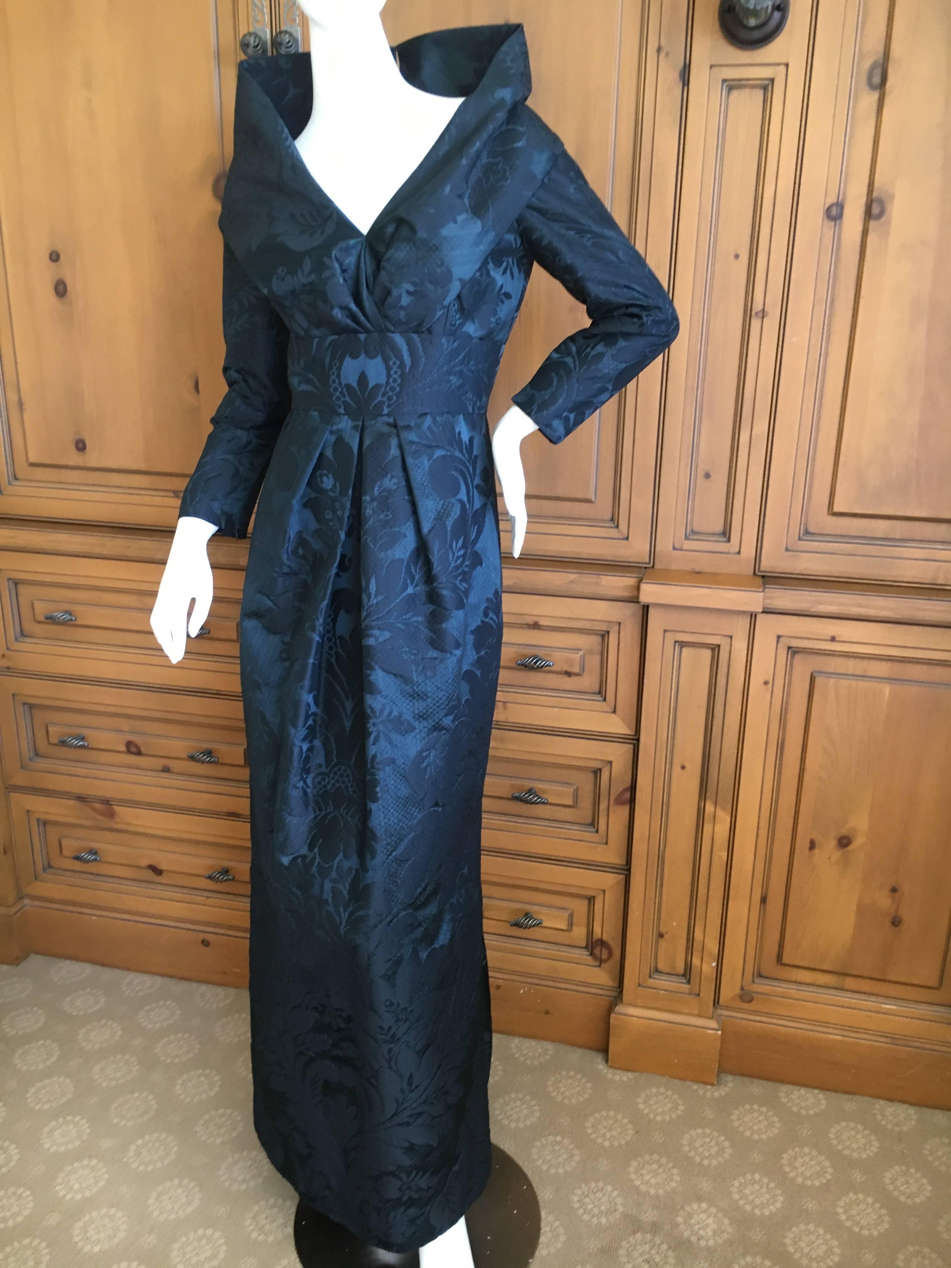 Oscar de la Renta Vintage Teal & Black Jacquard Evening Dress w Portrait Collar In Excellent Condition For Sale In Cloverdale, CA