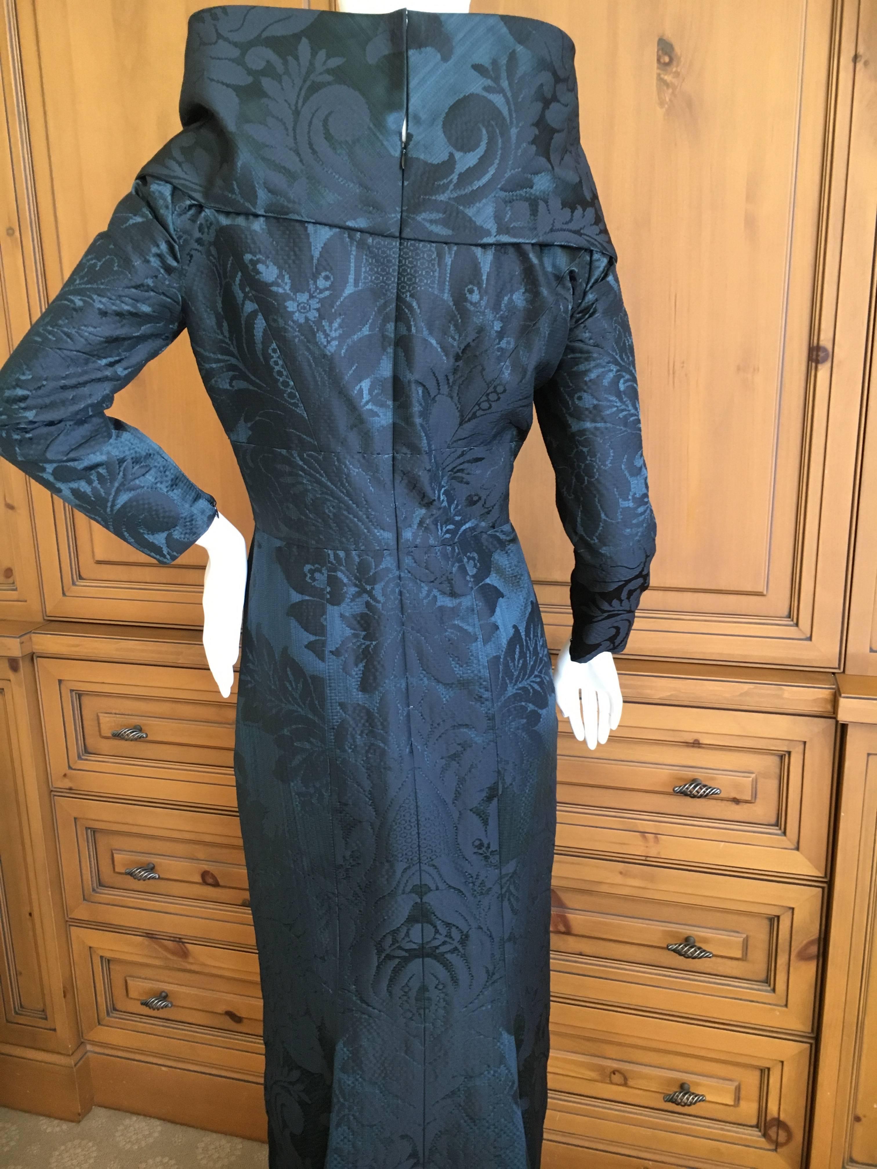 Oscar de la Renta Vintage Teal & Black Jacquard Evening Dress w Portrait Collar For Sale 1