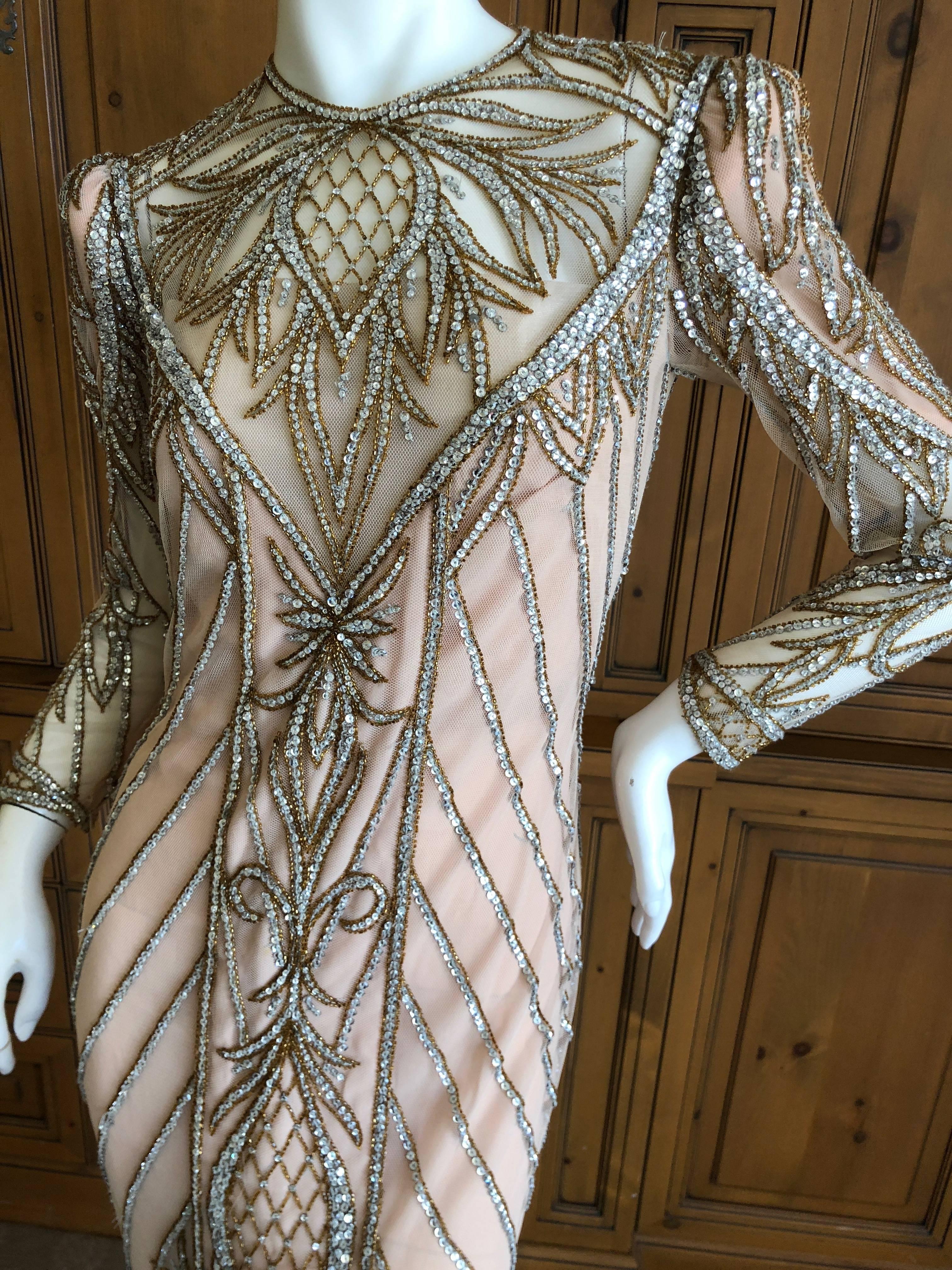 Bob Mackie Nieman Marcus Crystal Beaded Sheer Evening Dress, 1980s  1
