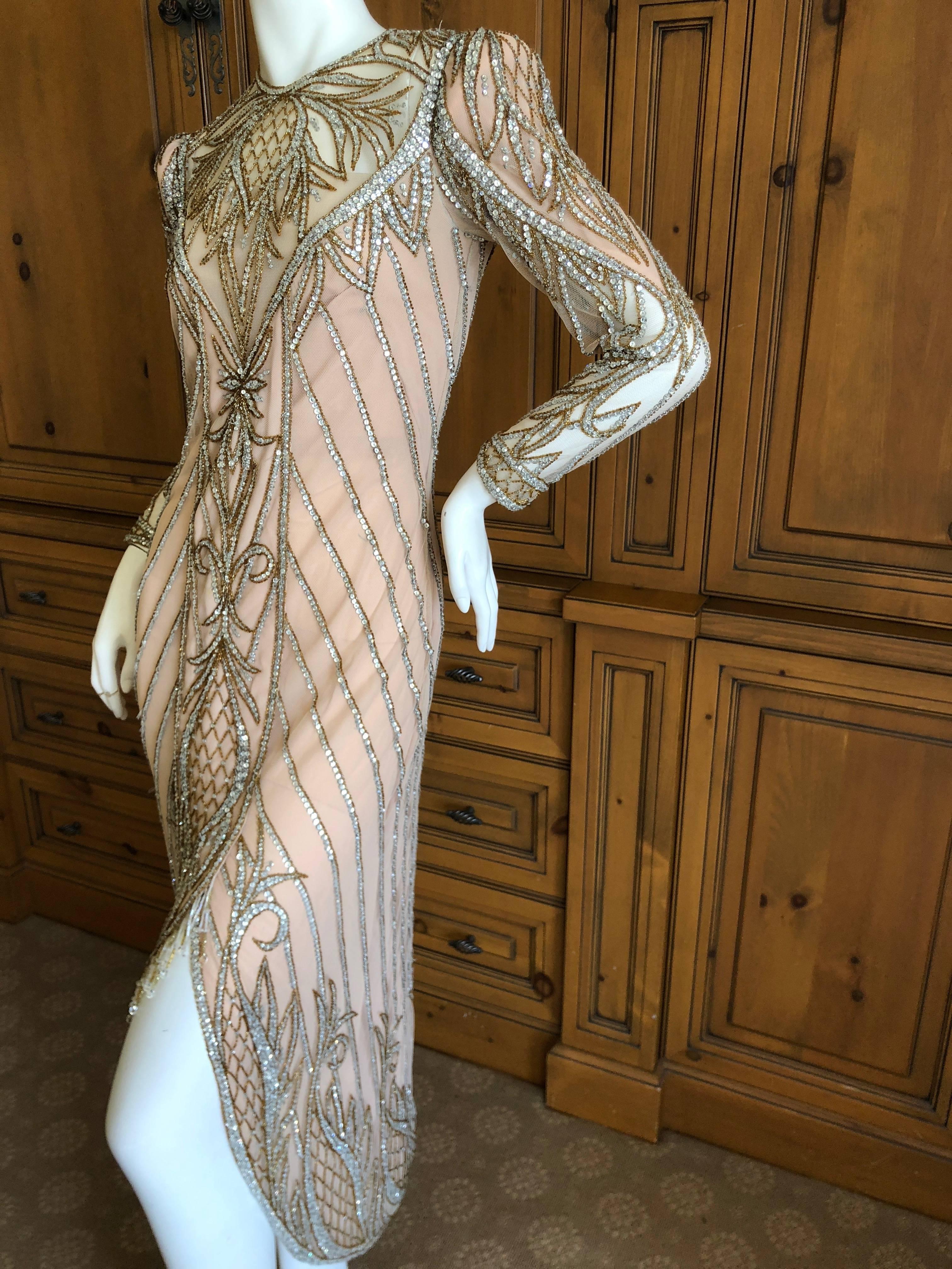 Bob Mackie Nieman Marcus Crystal Beaded Sheer Evening Dress, 1980s  In Excellent Condition In Cloverdale, CA