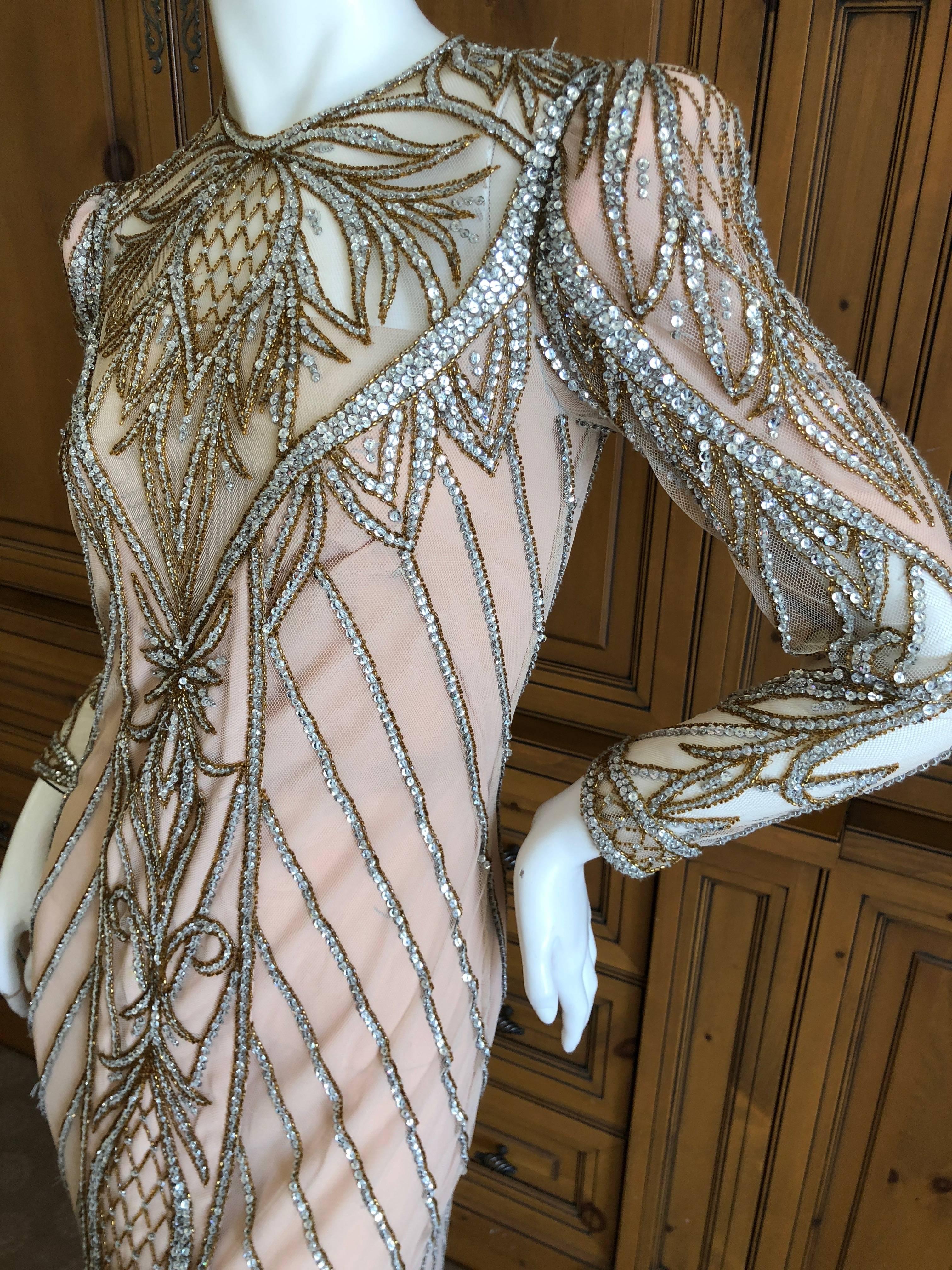 Bob Mackie Nieman Marcus Crystal Beaded Sheer Evening Dress, 1980s  3