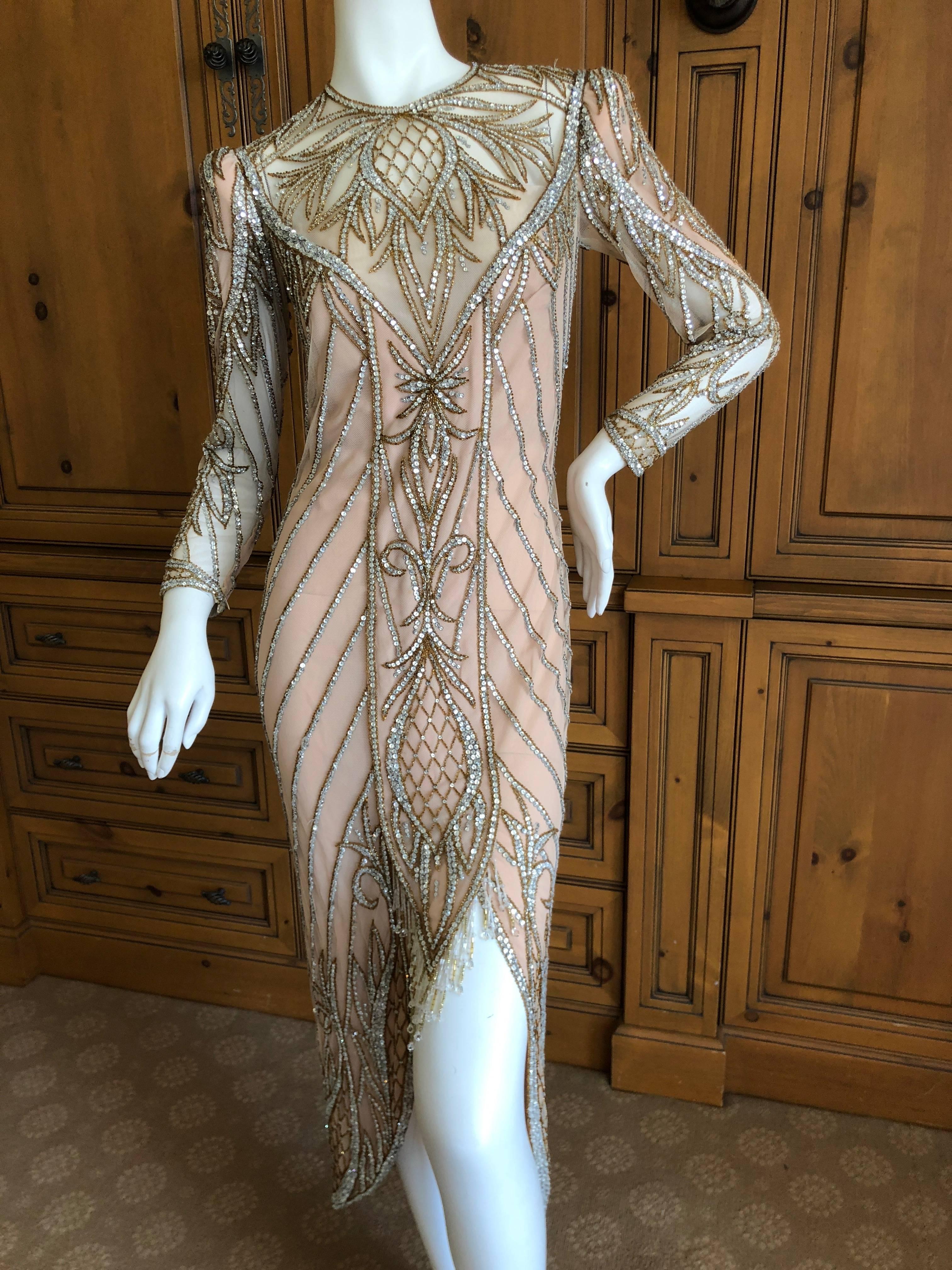 Bob Mackie Nieman Marcus Crystal Beaded Sheer Evening Dress, 1980s  9